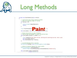 Long Methods


   Pain!



        Copyright 2011 LeanDog, Inc. All Rights Reserved. Do not copy or distribute without permission.
 