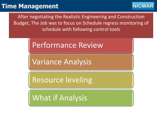 Outline of projectTime Management
Performance Review
Variance Analysis
Resource leveling
What if Analysis
After negotiating the Realistic Engineering and Construction
Budget, The Job was to focus on Schedule regress monitoring of
schedule with following control tools
 