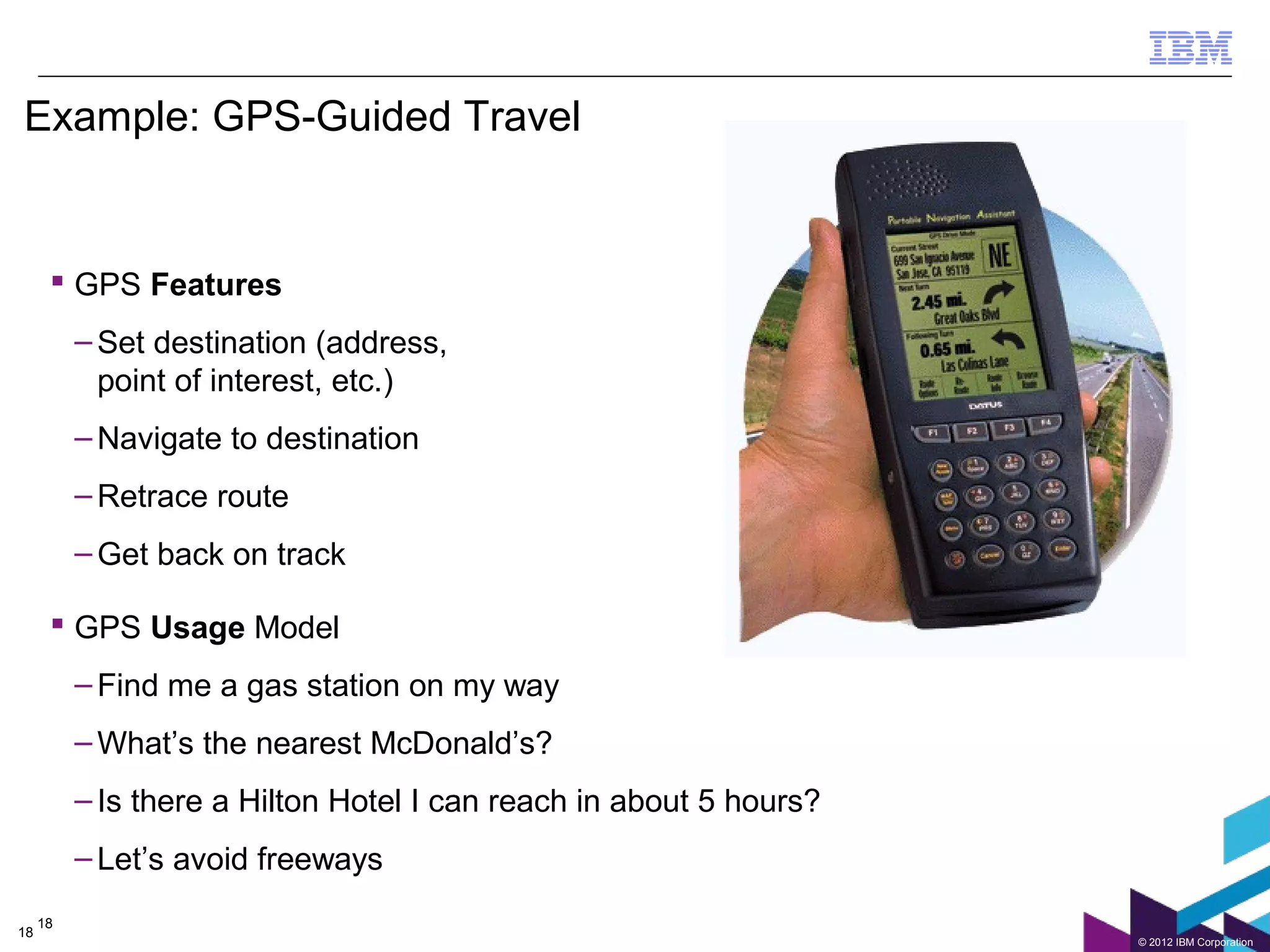 Example: GPS-Guided Travel


       GPS Features
          – Set destination (address,
            point of interest, etc.)
          – Navigate to destination
          – Retrace route
          – Get back on track

       GPS Usage Model
          – Find me a gas station on my way
          – What’s the nearest McDonald’s?
          – Is there a Hilton Hotel I can reach in about 5 hours?
          – Let’s avoid freeways
     18
18
                                                                    © 2012 IBM Corporation
 