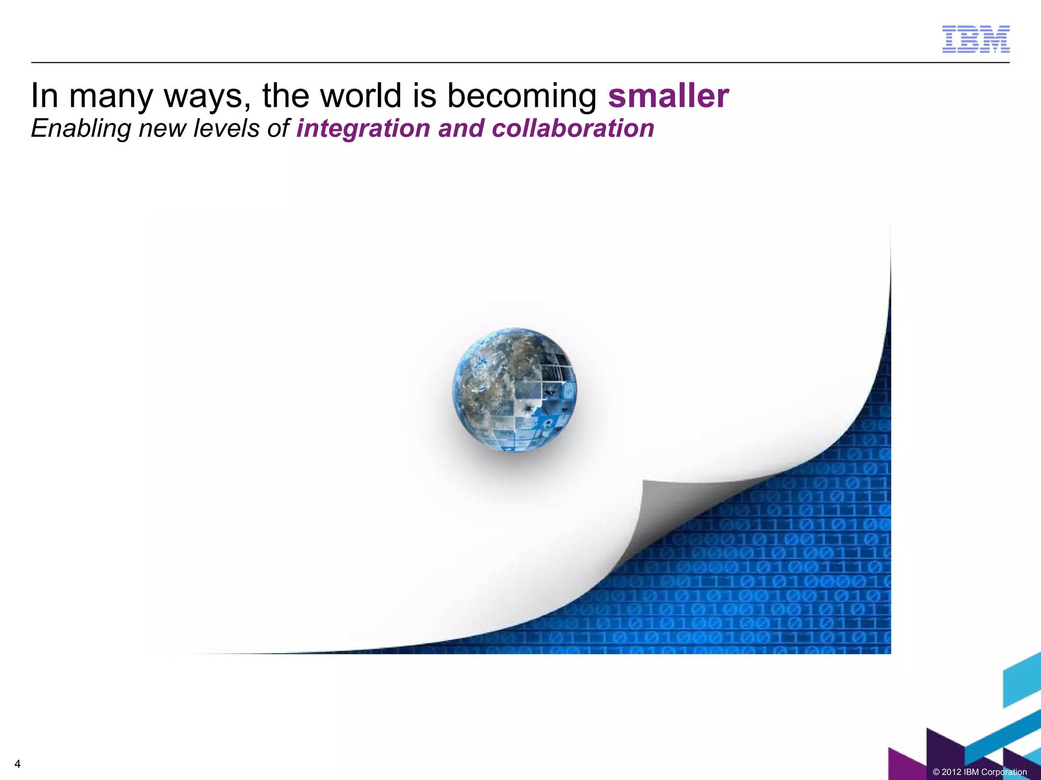 In many ways, the world is becoming smaller
    Enabling new levels of integration and collaboration




                      Global          Networked            Bandwidth
                    Integration      Technologies          Explosion




4
                                                                       © 2012 IBM Corporation
 