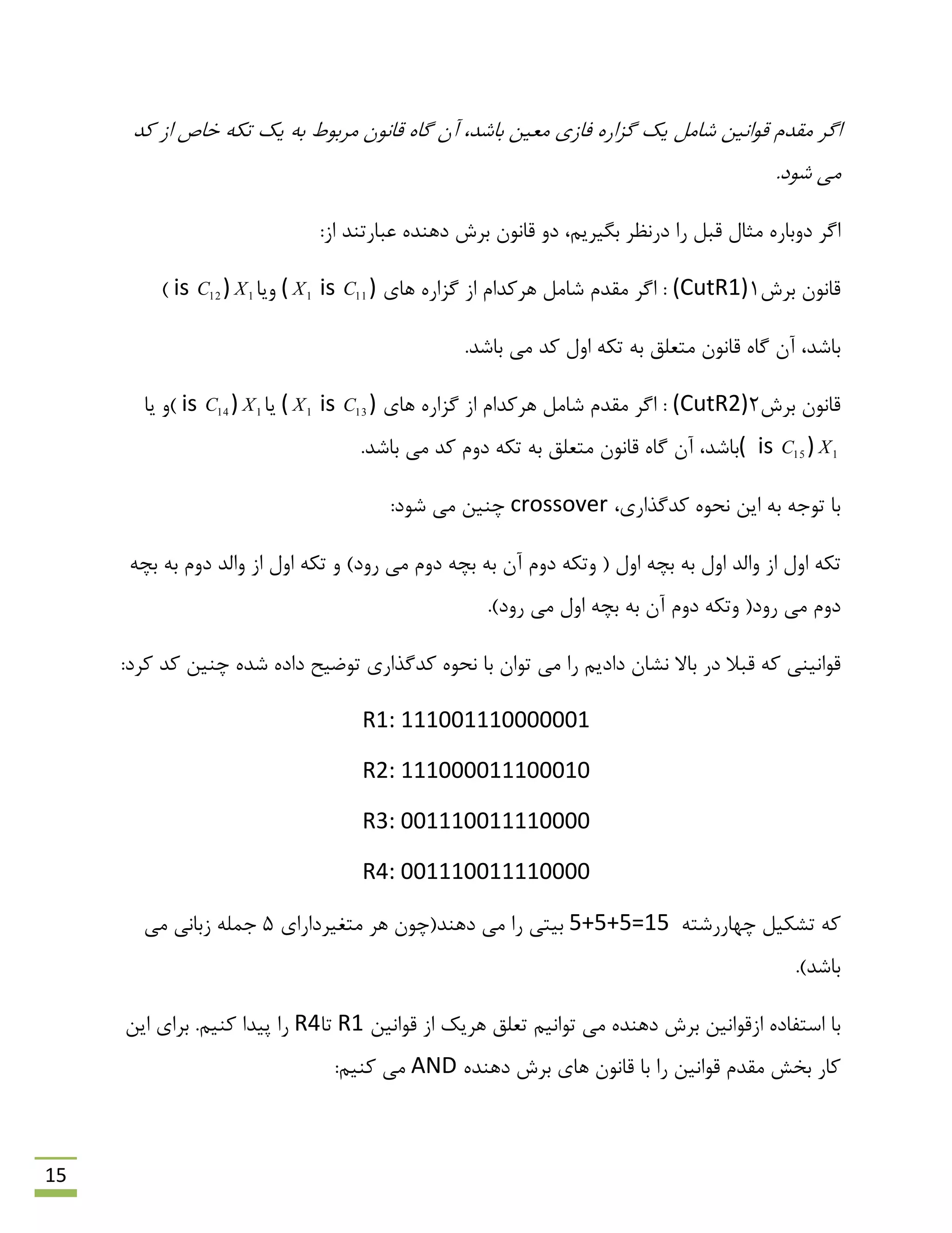 15
‫اگش‬‫هشثَى‬ ‫لبًَى‬ ُ‫گب‬ ‫آى‬ ،‫ثبؿذ‬ ‫هؼیي‬ ‫فبصی‬ ُ‫گضاس‬ ‫یه‬ ‫ؿبهل‬ ‫لَاًیي‬ ‫همذم‬‫وذ‬ ‫اص‬ ‫خبف‬ ِ‫تى‬ ‫یه‬ ِ‫ث‬
.‫ؿَد‬ ‫هی‬
:‫اص‬ ‫ػجبستٌذ‬ ُ‫دٌّذ‬ ‫ثشؽ‬ ‫لبًَى‬ ٍ‫د‬ ،‫ثگیشین‬ ‫دسًظش‬ ‫سا‬ ‫لجل‬ ‫هخبل‬ ُ‫دٍثبس‬ ‫اگش‬
‫ثشؽ‬ ‫لبًَى‬1(CutR1)‫ّبی‬ ُ‫گضاس‬ ‫اص‬ ‫ّشوذام‬ ‫ؿبهل‬ ‫همذم‬ ‫اگش‬ :( 1X is 11C )‫ٍیب‬1Xis 12C ))
ُ‫گب‬ ‫آى‬ ،‫ثبؿذ‬.‫ثبؿذ‬ ‫هی‬ ‫وذ‬ ‫اٍل‬ ِ‫تى‬ ِ‫ث‬ ‫هتؼلك‬ ‫لبًَى‬
‫ثشؽ‬ ‫لبًَى‬2(CutR2)‫ّبی‬ ُ‫گضاس‬ ‫اص‬ ‫ّشوذام‬ ‫ؿبهل‬ ‫همذم‬ ‫اگش‬ :( 1X is 13C )‫یب‬1Xis 14C )‫یب‬ ٍ)
1Xis 15C )(.‫ثبؿذ‬ ‫هی‬ ‫وذ‬ ‫دٍم‬ ِ‫تى‬ ِ‫ث‬ ‫هتؼلك‬ ‫لبًَى‬ ُ‫گب‬ ‫آى‬ ،‫ثبؿذ‬
،‫وذگزاسی‬ َُ‫ًح‬ ‫ایي‬ ِ‫ث‬ ِ‫تَر‬ ‫ثب‬crossover:‫ؿَد‬ ‫هی‬ ‫چٌیي‬
ِ‫ثچ‬ ِ‫ث‬ ‫دٍم‬ ‫ٍالذ‬ ‫اص‬ ‫اٍل‬ ِ‫تى‬ ٍ )‫سٍد‬ ‫هی‬ ‫دٍم‬ ِ‫ثچ‬ ِ‫ث‬ ‫آى‬ ‫دٍم‬ ِ‫ٍتى‬ ( ‫اٍل‬ ِ‫ثچ‬ ِ‫ث‬ ‫اٍل‬ ‫ٍالذ‬ ‫اص‬ ‫اٍل‬ ِ‫تى‬
.)‫سٍد‬ ‫هی‬ ‫اٍل‬ ِ‫ثچ‬ ِ‫ث‬ ‫آى‬ ‫دٍم‬ ِ‫ٍتى‬ (‫سٍد‬ ‫هی‬ ‫دٍم‬
‫لج‬ ِ‫و‬ ‫لَاًیٌی‬:‫وشد‬ ‫وذ‬ ‫چٌیي‬ ُ‫ؿذ‬ ُ‫داد‬ ‫تَهیح‬ ‫وذگزاسی‬ َُ‫ًح‬ ‫ثب‬ ‫تَاى‬ ‫هی‬ ‫سا‬ ‫دادین‬ ‫ًـبى‬ ‫ثبال‬ ‫دس‬ ‫ال‬
R1: 111001110000001
R2: 111000011100010
R3: 001110011110000
R4: 001110011110000
ِ‫چْبسسؿت‬ ‫تـىیل‬ ِ‫و‬5+5+5=15‫هتغیشداسای‬ ‫ّش‬ ‫دٌّذ(چَى‬ ‫هی‬ ‫سا‬ ‫ثیتی‬5‫هی‬ ‫صثبًی‬ ِ‫رول‬
.)‫ثبؿذ‬
‫لَاًیي‬ ‫اص‬ ‫ّشیه‬ ‫تؼلك‬ ‫تَاًین‬ ‫هی‬ ُ‫دٌّذ‬ ‫ثشؽ‬ ‫اصلَاًیي‬ ُ‫اػتفبد‬ ‫ثب‬R1‫تب‬R4‫ایي‬ ‫ثشای‬ .‫وٌین‬ ‫پیذا‬ ‫سا‬
ُ‫دٌّذ‬ ‫ثشؽ‬ ‫ّبی‬ ‫لبًَى‬ ‫ثب‬ ‫سا‬ ‫لَاًیي‬ ‫همذم‬ ‫ثخؾ‬ ‫وبس‬AND:‫وٌین‬ ‫هی‬
 