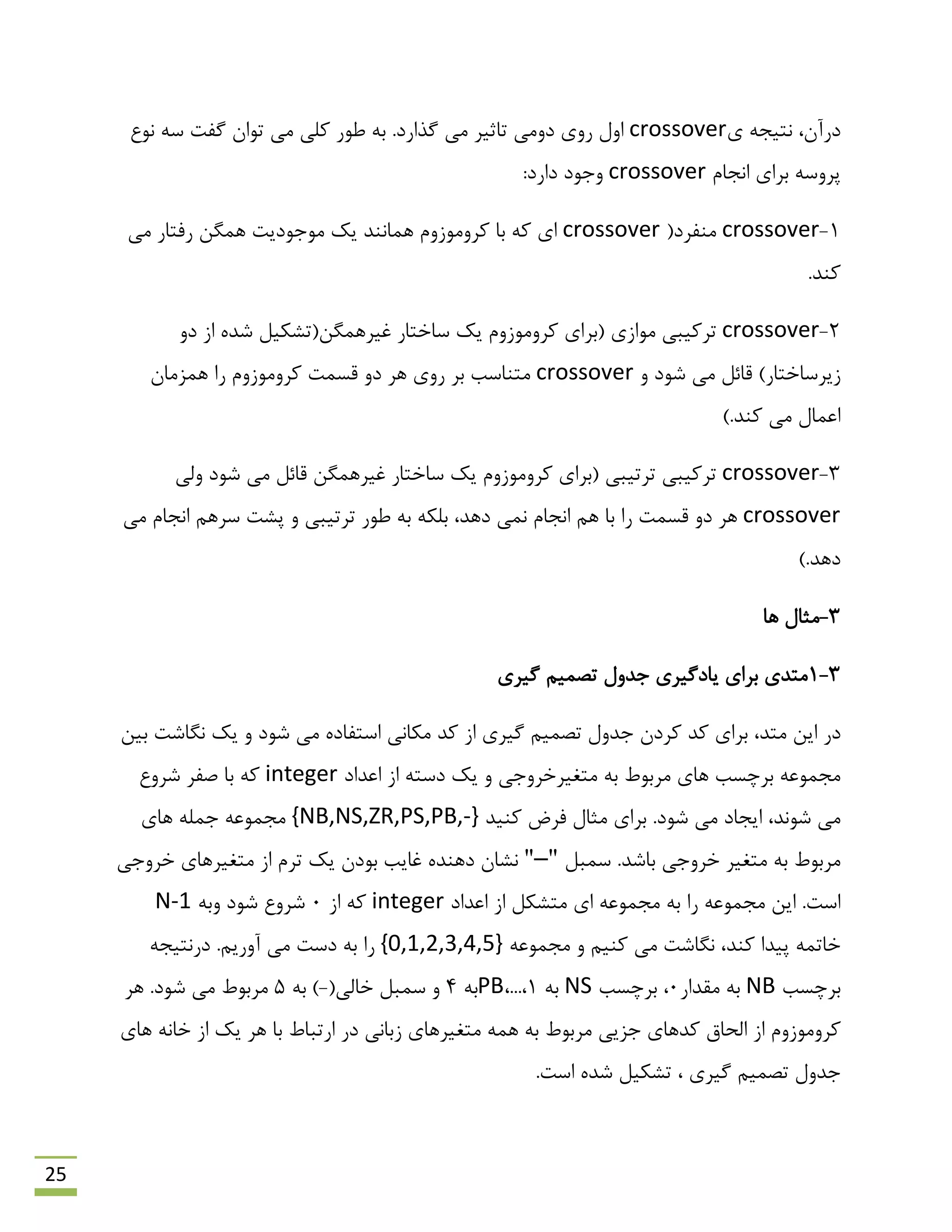 25
‫دسآى‬،ِ‫ًتیز‬‫ی‬crossover.‫گزاسد‬ ‫هی‬ ‫تبحیش‬ ‫دٍهی‬ ‫سٍی‬ ‫اٍل‬‫ًَع‬ ِ‫ػ‬ ‫گفت‬ ‫تَاى‬ ‫هی‬ ‫ولی‬ ‫ًَس‬ ِ‫ث‬
‫اًزبم‬ ‫ثشای‬ ِ‫پشٍػ‬crossover:‫داسد‬ ‫ٍرَد‬
1-crossover‫هٌفشد‬(crossover‫هی‬ ‫سفتبس‬ ‫ّوگي‬ ‫هَرَدیت‬ ‫یه‬ ‫ّوبًٌذ‬ ‫وشٍهَصٍم‬ ‫ثب‬ ِ‫و‬ ‫ای‬
.‫وٌذ‬
2-crossover‫هَاصی‬ ‫تشویجی‬‫غیشّوگي‬ ‫ػبختبس‬ ‫یه‬ ‫وشٍهَصٍم‬ ‫(ثشای‬ٍ‫د‬ ‫اص‬ ُ‫ؿذ‬ ‫(تـىیل‬
)‫صیشػبختبس‬ٍ ‫ؿَد‬ ‫هی‬ ‫لبئل‬crossover‫ّش‬ ‫سٍی‬ ‫ثش‬ ‫هتٌبػت‬‫وشٍهَصٍم‬ ‫لؼوت‬ ٍ‫د‬‫سا‬‫ّوضهبى‬
).‫وٌذ‬ ‫هی‬ ‫اػوبل‬
3-crossover‫تشتیجی‬ ‫تشویجی‬‫ٍلی‬ ‫ؿَد‬ ‫هی‬ ‫لبئل‬ ‫غیشّوگي‬ ‫ػبختبس‬ ‫یه‬ ‫وشٍهَصٍم‬ ‫(ثشای‬
crossover‫هی‬ ‫اًزبم‬ ‫ػشّن‬ ‫پـت‬ ٍ ‫تشتیجی‬ ‫ًَس‬ ِ‫ث‬ ِ‫ثلى‬ ،‫دّذ‬ ‫ًوی‬ ‫اًزبم‬ ‫ّن‬ ‫ثب‬ ‫سا‬ ‫لؼوت‬ ٍ‫د‬ ‫ّش‬
).‫دّذ‬
3-‫ّب‬ ‫هخبل‬
3-1‫گیشی‬ ‫تلوین‬ ‫رذٍل‬ ‫یبدگیشی‬ ‫ثشای‬ ‫هتذی‬
،‫هتذ‬ ‫ایي‬ ‫دس‬‫وش‬ ‫وذ‬ ‫ثشای‬‫دى‬‫هىبًی‬ ‫وذ‬ ‫اص‬ ‫گیشی‬ ‫تلوین‬ ‫رذٍل‬‫ؿَد‬ ‫هی‬ ُ‫اػتفبد‬‫ثیي‬ ‫ًگبؿت‬ ‫یه‬ ٍ
‫اػذاد‬ ‫اص‬ ِ‫دػت‬ ‫یه‬ ٍ ‫هتغیشخشٍری‬ ِ‫ث‬ ‫هشثَى‬ ‫ّبی‬ ‫ثشچؼت‬ ِ‫هزوَػ‬integer‫ؿشٍع‬ ‫كفش‬ ‫ثب‬ ِ‫و‬
،‫ؿًَذ‬ ‫هی‬‫ایزبد‬.‫ؿَد‬ ‫هی‬‫هخبل‬ ‫ثشای‬‫وٌیذ‬ ‫فشم‬{NB,NS,ZR,PS,PB,-}‫ّبی‬ ِ‫رول‬ ِ‫هزوَػ‬
.‫ثبؿذ‬ ‫خشٍری‬ ‫هتغیش‬ ِ‫ث‬ ‫هشثَى‬‫ػوجل‬"–"‫خشٍری‬ ‫هتغیشّبی‬ ‫اص‬ ‫تشم‬ ‫یه‬ ‫ثَدى‬ ‫غبیت‬ ُ‫دٌّذ‬ ‫ًـبى‬
‫اػذاد‬ ‫اص‬ ‫هتـىل‬ ‫ای‬ ِ‫هزوَػ‬ ِ‫ث‬ ‫سا‬ ِ‫هزوَػ‬ ‫ایي‬ .‫اػت‬integer‫اص‬ ِ‫و‬0‫ؿشٍع‬ِ‫ٍث‬ ‫ؿَد‬N-1
،‫وٌذ‬ ‫پیذا‬ ِ‫خبتو‬‫هزو‬ ٍ ‫وٌین‬ ‫هی‬ ‫ًگبؿت‬ِ‫َػ‬{0,1,2,3,4,5}.‫آٍسین‬ ‫هی‬ ‫دػت‬ ِ‫ث‬ ‫سا‬ِ‫دسًتیز‬
‫ثشچؼت‬NB‫همذاس‬ ِ‫ث‬0‫ثشچؼت‬ ،NSِ‫ث‬1،...،PBِ‫ث‬4ٍ(‫خبلی‬ ‫ػوجل‬-)ِ‫ث‬5.‫ؿَد‬ ‫هی‬ ‫هشثَى‬‫ّش‬
ِ‫ث‬ ‫هشثَى‬ ‫رضیی‬ ‫وذّبی‬ ‫الحبق‬ ‫اص‬ ‫وشٍهَصٍم‬ِّ‫و‬‫هتغیش‬‫ّبی‬‫صثبًی‬‫ا‬ ‫دس‬‫س‬‫ث‬ ‫تجبى‬‫ب‬‫ّش‬‫یه‬‫اص‬‫ّبی‬ ًِ‫خب‬
.‫اػت‬ ُ‫ؿذ‬ ‫تـىیل‬ ، ‫گیشی‬ ‫تلوین‬ ‫رذٍل‬
 