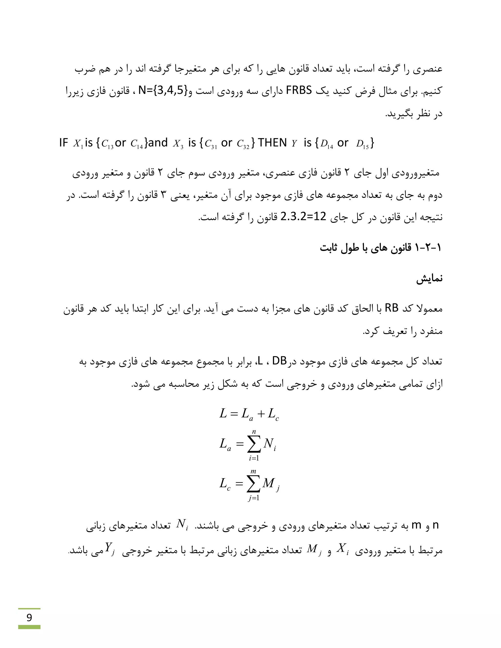 9
‫هشة‬ ‫ّن‬ ‫دس‬ ‫سا‬ ‫اًذ‬ ِ‫گشفت‬ ‫هتغیشرب‬ ‫ّش‬ ‫ثشای‬ ِ‫و‬ ‫سا‬ ‫ّبیی‬ ‫لبًَى‬ ‫تؼذاد‬ ‫ثبیذ‬ ،‫اػت‬ ِ‫گشفت‬ ‫سا‬ ‫ػٌلشی‬
‫ثشا‬ .‫وٌین‬‫یه‬ ‫وٌیذ‬ ‫فشم‬ ‫هخبل‬ ‫ی‬FRBSٍ ‫اػت‬ ‫ٍسٍدی‬ ِ‫ػ‬ ‫داسای‬N={3,4,5}‫صیش‬ ‫فبصی‬ ‫لبًَى‬ ،‫سا‬
.‫ثگیشیذ‬ ‫ًظش‬ ‫دس‬
IF 1X is { 13C or 14C }and 3X is { 31C or 32C } THEN Y is { 14D or 15D }
‫ربی‬ ‫اٍل‬ ‫هتغیشٍسٍدی‬2‫ربی‬ ‫ػَم‬ ‫ٍسٍدی‬ ‫هتغیش‬ ،‫ػٌلشی‬ ‫فبصی‬ ‫لبًَى‬2‫ٍسٍدی‬ ‫هتغیش‬ ٍ ‫لبًَى‬
‫یؼٌی‬ ،‫هتغیش‬ ‫آى‬ ‫ثشای‬ ‫هَرَد‬ ‫فبصی‬ ‫ّبی‬ ِ‫هزوَػ‬ ‫تؼذاد‬ ِ‫ث‬ ‫ربی‬ ِ‫ث‬ ‫دٍم‬3‫دس‬ .‫اػت‬ ِ‫گشفت‬ ‫سا‬ ‫لبًَى‬
‫ربی‬ ‫ول‬ ‫دس‬ ‫لبًَى‬ ‫ایي‬ ِ‫ًتیز‬2.3.2=12.‫اػت‬ ِ‫گشفت‬ ‫سا‬ ‫لبًَى‬
1-2-1‫حبثت‬ ‫ًَل‬ ‫ثب‬ ‫ّبی‬ ‫لبًَى‬
‫ًوبی‬‫ؾ‬
‫وذ‬ ‫هؼوَال‬RB‫لبًَى‬ ‫ّش‬ ‫وذ‬ ‫ثبیذ‬ ‫اثتذا‬ ‫وبس‬ ‫ایي‬ ‫ثشای‬ .‫آیذ‬ ‫هی‬ ‫دػت‬ ِ‫ث‬ ‫هزضا‬ ‫ّبی‬ ‫لبًَى‬ ‫وذ‬ ‫الحبق‬ ‫ثب‬
.‫وشد‬ ‫تؼشیف‬ ‫سا‬ ‫هٌفشد‬
‫فبصی‬ ‫ّبی‬ ِ‫هزوَػ‬ ‫ول‬ ‫تؼذاد‬‫دس‬ ‫هَرَد‬DB،Lِ‫ث‬ ‫هَرَد‬ ‫فبصی‬ ‫ّبی‬ ِ‫هزوَػ‬ ‫هزوَع‬ ‫ثب‬ ‫ثشاثش‬ ،
‫خشٍری‬ ٍ ‫ٍسٍدی‬ ‫هتغیشّبی‬ ‫توبهی‬ ‫اصای‬‫اػت‬.‫ؿَد‬ ‫هی‬ ِ‫هحبػج‬ ‫صیش‬ ‫ؿىل‬ ِ‫ث‬ ِ‫و‬







m
j
jc
n
i
ia
ca
ML
NL
LLL
1
1
nٍm‫ثبؿٌذ‬ ‫هی‬ ‫خشٍری‬ ٍ ‫ٍسٍدی‬ ‫هتغیشّبی‬ ‫تؼذاد‬ ‫تشتیت‬ ِ‫ث‬.iN‫صثبًی‬ ‫هتغیشّبی‬ ‫تؼذاد‬
‫ٍسٍدی‬ ‫هتغیش‬ ‫ثب‬ ‫هشتجي‬iXٍjM‫خشٍری‬ ‫هتغیش‬ ‫ثب‬ ‫هشتجي‬ ‫صثبًی‬ ‫هتغیشّبی‬ ‫تؼذاد‬jY‫ثبؿذ‬ ‫هی‬.
 