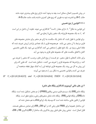 23
‫داسای‬ ُ‫آهذ‬ ‫ٍرَد‬ ِ‫ث‬ ِ‫ثچ‬ ‫اػت‬ ‫هوىي‬ ،‫اتلبل‬ ٍ ‫تمؼین‬ ‫سٍؽ‬ ‫دس‬‫هبًٌذ‬ ،‫ؿَد‬ ‫ثیـتشی‬ ‫ّبی‬ ‫صٍد‬
‫حبلت‬B-C‫حبلت‬ ‫هبًٌذ‬ ،‫ثبؿذ‬ ِ‫داؿت‬ ‫ووتشی‬ ‫ّبی‬ ‫صٍد‬ ِ‫و‬ ‫ًَسی‬ ِ‫ث‬ ‫ؿَد‬ ُ‫فـشد‬ ‫ٍیب‬ ،A-D.
1-2-3‫تخویٌی‬ ‫ًَع‬ ‫اص‬ ‫لَاًیٌی‬
‫ؿىل‬ ِ‫ث‬ ‫لَاًیي‬ ‫ایي‬"iX‫همذاس‬ ‫داسای‬jC‫اػت‬"‫ؿًَذ‬ ‫هی‬ ‫وذگزاسی‬‫اػت‬ ‫ایي‬ ‫دس‬ ‫لجل‬ ‫ثب‬ ‫آى‬ ‫تفبٍت‬ .
ِ‫و‬jCِ‫ث‬‫فبصی‬ ِ‫هزوَػ‬ ‫یه‬)‫صثبًی‬ ‫هتغیش‬ ‫یه‬ ًِ(‫وٌذ‬ ‫هی‬ ‫اسربع‬.
‫ػگوٌت‬ ‫یه‬ ‫ؿبهل‬ ‫وذ‬ ،‫حبثت‬ ‫ًَل‬ ‫ثب‬ ‫لَاًیي‬ ‫ثشای‬‫ًوبیؾ‬ ‫ثشای‬ ‫هتغیش‬ ‫ّش‬ ‫اصای‬ ِ‫ث‬ِ‫هزوَػ‬‫ّبی‬
‫ثب‬ ‫هشتجي‬ ‫فبصی‬‫آى‬‫هتغیش‬.‫ثبؿذ‬ ‫هی‬ِ‫ّشهزوَػ‬‫فبصی‬‫پبساهتش‬ ‫تؼذادی‬ ‫یه‬ ‫ثب‬‫اصپیؾ‬ِ‫و‬ ُ‫ؿذ‬ ‫تؼشیف‬
‫اكلی‬ ‫ًمبى‬‫ی‬ ُ‫ٍیظ‬ ٍ‫ؿَد‬ ‫هی‬ ‫وذگزاسی‬ ،‫وٌذ‬ ‫هی‬ ‫هـخق‬ ‫سا‬ ‫تؼلك‬ ‫تبثغ‬ ‫یه‬.‫تخویٌی‬ ‫لبًَى‬ ‫یه‬
.‫آیذ‬ ‫هی‬ ‫ٍرَد‬ ِ‫ث‬ ‫فبصی‬ ‫ّبی‬ ِ‫هزوَػ‬ ‫وذ‬ ‫ّبی‬ ‫ػگوٌت‬ ‫الحبق‬ ‫ثب‬ ‫وبهل‬
‫ّبی‬ ‫الوبى‬ ‫صٍد‬ ‫اص‬ ‫لؼوت‬ ‫ّش‬ ،‫هتغیش‬ ‫ًَل‬ ‫ثب‬ ‫وذّبی‬ ‫حبلت‬ ‫ثشای‬:‫ثشچؼت‬-‫هی‬ ‫تؼشیف‬ ‫سا‬ ‫هتغیش‬ ِ‫و‬
‫وٌذ‬-‫پبساهتشّب‬ ٍ-ٌ‫و‬ ‫هی‬ ‫تؼشیف‬ ‫سا‬ ‫فبصی‬ ِ‫هزوَػ‬ ِ‫و‬ٌ‫ذ‬-.‫اػت‬ ُ‫ؿذ‬ ‫تـىیل‬ ،‫ثشای‬ ِ‫و‬ ‫ّبیی‬ ‫وذ‬
‫آى‬ ِ‫هـخل‬ ٌِ‫ًم‬ ‫چْبس‬ ‫ووه‬ ِ‫ث‬ ‫سا‬ ‫ای‬ ِ‫رٍرًم‬ ‫فبصی‬ ِ‫هزوَػ‬ ‫یه‬ ،‫سًٍذ‬ ‫هی‬ ‫وبس‬ ِ‫ث‬ ‫سٍؽ‬ ‫ایي‬
:‫آٍسًذ‬ ‫هی‬ ‫ٍرَد‬ ِ‫ث‬ ‫سا‬ ‫صیش‬ ‫ؿىل‬ ِ‫ث‬ ‫تخویٌی‬ ‫لَاًیي‬ ٍ ‫وٌٌذ‬ ‫هی‬ ‫تؼشیف‬
]4.0,3.0,3.0,2.0[]6.0,4.0,3.0,3.0[]5.0,4.0,2.0,1.0[ 731  VTHENVandVIF
2)‫داًؾ‬ ‫ّبی‬ ُ‫پبیگب‬ ‫(وذگزاسی‬ ‫وشٍهَصٍم‬ ‫هبلتی‬ ‫ّبی‬ ‫طى‬
‫داًؾ‬ ُ‫پبیگب‬(KB)‫ثشلبًَى‬ ‫هجتٌی‬ ‫فبصی‬ ‫ػیؼتن‬ ‫یه‬(FRBS)،ُ‫پبیگب‬ :‫اػت‬ ُ‫ؿذ‬ ‫تـىیل‬ ‫ثخؾ‬ ٍ‫د‬ ‫اص‬
ُ‫داد‬(DB)‫لَاًیي‬ ُ‫پبیگب‬ ٍ(RB).ٍ ‫صثبًی‬ ‫هتغیشّبی‬ ‫ؿبهل‬ ُ‫داد‬ ُ‫پبیگب‬ُ‫پبیگب‬ .‫اػت‬ ‫تؼلك‬ ‫تَاثغ‬
‫اپشاتَس‬ ‫یه‬ ِ‫ثَػیل‬ ِ‫و‬ ‫اػت‬ ُ‫ؿذ‬ ِ‫ػبخت‬ ‫ّبیی‬ ‫لبًَى‬ ‫اص‬ ‫لَاًیي‬also.‫اًذ‬ ُ‫ؿذ‬ ‫هتلل‬ ‫ّن‬ ِ‫ث‬
‫ثشای‬ ‫خلَكب‬ ‫ػبختبس‬ ‫ایي‬FRBS‫آًْب‬ ‫دس‬ ِ‫و‬ ‫صثبًی‬ ‫ّبی‬DBٍRB،‫ّؼتٌذ‬ ‫هؼتملی‬ ‫ًوبیؾ‬ ‫داسای‬
.‫اػت‬ ‫اػوبل‬ ‫لبثل‬‫اص‬ ‫ػبختبس‬ ‫یه‬ ‫یبدگیشی‬ ‫سٍی‬ ‫لجلی‬ ‫ّبی‬ ‫سٍؽ‬ ‫توبهی‬KB‫(یبدگیشی‬RB‫یب‬DB،)
 
