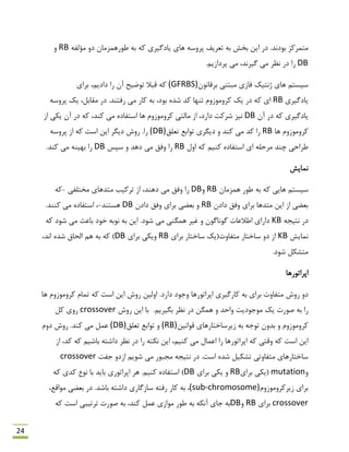 24
َ‫ث‬ ‫هتوشوض‬‫د‬.‫ًذ‬ِ‫هؤلف‬ ٍ‫د‬ ‫ًَسّوضهبى‬ ِ‫ث‬ ِ‫و‬ ‫یبدگیشی‬ ‫ّبی‬ ِ‫پشٍػ‬ ‫تؼشیف‬ ِ‫ث‬ ‫ثخؾ‬ ‫ایي‬ ‫دس‬RBٍ
DB.‫پشداصین‬ ‫هی‬ ،‫گیشًذ‬ ‫هی‬ ‫ًظش‬ ‫دس‬ ‫سا‬
‫ثشلبًَى‬ ‫هجتٌی‬ ‫فبصی‬ ‫طًتیه‬ ‫ّبی‬ ‫ػیؼتن‬(GFRBS)،‫دادین‬ ‫سا‬ ‫آى‬ ‫تَهیح‬ ‫لجال‬ ِ‫و‬‫ثشای‬
‫یبدگیشی‬RB.‫سفتٌذ‬ ‫هی‬ ‫وبس‬ ِ‫ث‬ ،‫ثَد‬ ُ‫ؿذ‬ ‫وذ‬ ‫تٌْب‬ ‫وشٍهَصٍم‬ ‫یه‬ ‫دس‬ ِ‫و‬ ‫ای‬‫همبثل‬ ‫دس‬،ِ‫پشٍػ‬ ‫یه‬
‫آى‬ ‫دس‬ ِ‫و‬ ‫یبدگیشی‬DB‫ّب‬ ‫وشٍهَصٍم‬ ‫هبلتی‬ ‫اص‬ ،‫داسد‬ ‫ؿشوت‬ ‫ًیض‬‫اص‬ ‫یىی‬ ‫آى‬ ‫دس‬ ِ‫و‬ ،‫وٌذ‬ ‫هی‬ ُ‫اػتفبد‬
‫ّب‬ ‫وشٍهَصٍم‬RB‫تؼلك‬ ‫تَاثغ‬ ‫دیگشی‬ ٍ ‫وٌذ‬ ‫هی‬ ‫وذ‬ ‫سا‬(DB)‫سا‬ِ‫پشٍػ‬ ‫اص‬ ِ‫و‬ ‫اػت‬ ‫ایي‬ ‫دیگش‬ ‫سٍؽ‬ .
‫چٌذ‬ ‫ًشاحی‬‫اٍل‬ ِ‫و‬ ‫وٌین‬ ُ‫اػتفبد‬ ‫ای‬ ِ‫هشحل‬RB‫سا‬‫ػپغ‬ ٍ ‫دّذ‬ ‫هی‬ ‫ٍفك‬DB.‫وٌذ‬ ‫هی‬ ٌِ‫ثْی‬ ‫سا‬
‫ًوبیؾ‬
‫ّوضهبى‬ ‫ًَس‬ ِ‫ث‬ ِ‫و‬ ‫ّبیی‬ ‫ػیؼتن‬RBٍDB‫اص‬ ،‫دٌّذ‬ ‫هی‬ ‫ٍفك‬ ‫سا‬‫تشویت‬‫هختلفی‬ ‫هتذّبی‬-ِ‫و‬
‫دادى‬ ‫ٍفك‬ ‫ثشای‬ ‫هتذّب‬ ‫ایي‬ ‫اص‬ ‫ثؼوی‬RB‫دادى‬ ‫ٍفك‬ ‫ثشای‬ ‫ثؼوی‬ ٍDB‫ّؼتٌذ‬-،.‫وٌٌذ‬ ‫هی‬ ُ‫اػتفبد‬
ِ‫ًتیز‬ ‫دس‬KB.‫ؿَد‬ ‫هی‬ ‫ّوگٌی‬ ‫غیش‬ ٍ ‫گًَبگَى‬ ‫اًالػبت‬ ‫داسای‬ِ‫و‬ ‫ؿَد‬ ‫هی‬ ‫ثبػج‬ ‫خَد‬ ِ‫ًَث‬ ِ‫ث‬ ‫ایي‬
‫ًوبیؾ‬KB‫ثشای‬ ‫ػبختبس‬ ‫هتفبٍت(یه‬ ‫ػبختبس‬ ٍ‫د‬ ‫اص‬RB‫ثشای‬ ‫ٍیىی‬DB،‫اًذ‬ ُ‫ؿذ‬ ‫الحبق‬ ‫ّن‬ ِ‫ث‬ ِ‫و‬ )
.‫ؿَد‬ ‫هتـىل‬
‫اپشاتَسّب‬
ٍ‫د‬‫توبم‬ ِ‫و‬ ‫اػت‬ ‫ایي‬ ‫سٍؽ‬ ‫اٍلیي‬ .‫داسد‬ ‫ٍرَد‬ ‫اپشاتَسّب‬ ‫وبسگیشی‬ ِ‫ث‬ ‫ثشای‬ ‫هتفبٍت‬ ‫سٍؽ‬‫وشٍهَصٍم‬‫ّب‬
.‫ثگیشین‬ ‫ًظش‬ ‫دس‬ ‫ّوگي‬ ٍ ‫ٍاحذ‬ ‫هَرَدیت‬ ‫یه‬ ‫كَست‬ ِ‫ث‬ ‫سا‬‫سٍؽ‬ ‫ایي‬ ‫ثب‬crossover‫ول‬ ‫سٍی‬
‫لَاًیي‬ ‫صیشػبختبسّبی‬ ِ‫ث‬ ِ‫تَر‬ ‫ثذٍى‬ ٍ ‫وشٍهَصٍم‬(RB)‫تؼلك‬ ‫تَاثغ‬ ٍ(DB).‫وٌذ‬ ‫هی‬ ‫ػول‬‫دٍم‬ ‫سٍؽ‬
‫اص‬ ،‫وذ‬ ِ‫و‬ ‫ثبؿین‬ ِ‫داؿت‬ ‫ًظش‬ ‫دس‬ ‫سا‬ ِ‫ًىت‬ ‫ایي‬ ،‫وٌین‬ ‫هی‬ ‫اػوبل‬ ‫سا‬ ‫اپشاتَسّب‬ ِ‫و‬ ‫ٍلتی‬ ِ‫و‬ ‫اػت‬ ‫ایي‬
‫رفت‬ ٍ‫اصد‬ ‫ؿَین‬ ‫هی‬ ‫هزجَس‬ ِ‫ًتیز‬ ‫دس‬ .‫اػت‬ ُ‫ؿذ‬ ‫تـىیل‬ ‫هتفبٍتی‬ ‫ػبختبسّبی‬crossover
ٍmutation‫ثشای‬ ‫(یىی‬RB‫ثشای‬ ‫یىی‬ ٍDB.‫وٌین‬ ُ‫اػتفبد‬ )ِ‫و‬ ‫وذی‬ ‫ًَع‬ ‫ثب‬ ‫ثبیذ‬ ‫اپشاتَسی‬ ‫ّش‬
‫ثش‬‫صیشوشٍهَصٍم‬ ‫ای‬(sub-chromosome)،.‫ثبؿذ‬ ِ‫داؿت‬ ‫ػبصگبسی‬ ِ‫سفت‬ ‫وبس‬ ِ‫ث‬،‫هَالغ‬ ‫ثؼوی‬ ‫دس‬
crossover‫ثشای‬RBٍDB‫هَاصی‬ ‫ًَس‬ ِ‫ث‬ ِ‫آًى‬ ‫ربی‬ ِ‫ث‬‫وٌذ‬ ‫ػول‬ِ‫و‬ ‫اػت‬ ‫تشتیجی‬ ‫كَست‬ ِ‫ث‬ ،
 