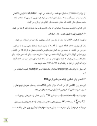 26
‫اپشاتَس‬ ‫اص‬crossover.‫ؿَد‬ ‫هی‬ ُ‫اػتفبد‬ ‫ای‬ ٌِ‫ًم‬ ٍ‫د‬ ‫اػتبًذاسد‬Mutation‫وبّؾ‬ ‫یب‬ ‫افضایؾ‬ ‫ثب‬
‫ت‬ ‫ثب‬ ‫یب‬ ‫ثیت‬ ‫یه‬ُ‫ؿذ‬ ‫اًتخبة‬ ِ‫و‬ ‫ثیتی‬ ِ‫و‬ ‫كَستی‬ ‫دس‬ .‫ؿَد‬ ‫هی‬ ‫اًزبم‬ ‫خبلی‬ ‫ػوجل‬ ِ‫ث‬ ‫ثیت‬ ‫آى‬ ‫غییش‬
.‫گیشد‬ ‫هی‬ ‫لشاس‬ ‫آى‬ ‫دس‬ ‫اتفبلی‬ ‫ًَس‬ ِ‫ث‬ ‫رذیذ‬ ‫همذاس‬ ‫یه‬ ،‫ثبؿذ‬ ‫خبلی‬ ‫ػوجل‬ ،‫ثبؿذ‬
‫وبس‬ ‫ثشای‬ ِ‫و‬ ‫ّوگشایی‬ ‫اص‬ ‫هؼیبسی‬ ،‫اسصیبة‬ ‫یب‬ ‫وبسایی‬ ‫تبثغ‬ًَِ‫هشث‬.‫ؿَد‬ ‫هی‬ ِ‫گشفت‬ ‫ًظش‬ ‫دس‬ ،‫داسد‬ ‫ٍرَد‬
3-2‫یبدگیشی‬ ‫ثشای‬ ‫هتذی‬‫ای‬ ٌِ‫ساث‬ ‫ّبی‬ ‫هبتشیغ‬
‫وبسگیشی‬ ِ‫ث‬ ‫ثشای‬GA،‫هتذ‬ ‫ایي‬ ‫دس‬ٍ ‫ٍسٍدی‬ ‫یه‬ ‫ثب‬ ‫هبتشیؼی‬ ‫اص‬‫یه‬.‫ؿَد‬ ‫هی‬ ُ‫اػتفبد‬ ‫خشٍری‬
‫الحبق‬ ‫ثب‬ ‫وشٍهَصٍم‬ ‫یه‬M.N‫الوبى‬-ِ‫و‬MٍN‫تشتیت‬ ِ‫ث‬ٍ ‫ٍسٍدی‬ ِ‫ث‬ ‫هشثَى‬ ‫صثبًی‬ ‫روالت‬ ‫تؼذاد‬
‫ثبؿٌذ‬ ‫هی‬ ‫خشٍری‬-.‫آیذ‬ ‫هی‬ ‫دػت‬ ِ‫ث‬‫هبتشیغ‬ ‫ّبی‬ ‫الوبى‬،ُ‫ثبص‬ ِ‫ث‬ ‫هتؼلك‬ ‫اػذادی‬[0,1]ٍ ‫ثبؿٌذ‬ ‫هی‬
ِ‫ث‬ ‫ًیبص‬ ِ‫و‬ ‫ؿَد‬ ‫هی‬ ُ‫اػتفبد‬ ‫آًْب‬ ‫ثبیٌشی‬ ‫ؿىل‬ ‫اص‬ ‫آًْب‬ ‫ًوبیؾ‬ ‫ثشای‬8.‫داسًذ‬ ‫ؿذى‬ ‫وذ‬ ‫ثشای‬ ‫ثیت‬‫ثشای‬
‫داسای‬ ‫ػیؼتوی‬ ‫اگش‬ ‫هخبل‬7ٍ ‫ٍسٍدی‬ ‫هتغیش‬ ‫ثشای‬ ِ‫رول‬11ُ‫آًگب‬ ،‫ثبؿذ‬ ‫خشٍری‬ ‫هتغیش‬ ‫ثشای‬ ِ‫رول‬
‫ثب‬ ‫ای‬ ِ‫سؿت‬ ِ‫ث‬ ‫ًیبص‬ ‫آى‬ ‫وشدى‬ ‫وذ‬ ‫ثشای‬616;7.11.8.‫ثَد‬ ‫خَاّذ‬ ‫ثیت‬
‫ای‬‫اپشاتَسّبی‬ ‫اص‬ ‫سٍؽ‬ ‫ي‬crossoverٍ ‫ای‬ ٌِ‫ًم‬ ‫یه‬ ‫اػتبًذاسد‬mutation‫هی‬ ُ‫اػتفبد‬ ‫ثبیٌشی‬
.‫وٌذ‬
3-3‫ًَع‬ ‫اص‬ ‫داًؾ‬ ‫ّبی‬ ُ‫پبیگب‬ ‫یبدگیشی‬ ‫ثشای‬ ‫هتذی‬TSK
‫سٍی‬ ‫هتذ‬ ‫ایي‬RB‫لَاًیي‬ ‫داسای‬ ِ‫و‬ ‫وٌذ‬ ‫هی‬ ‫وبس‬ ‫ّبیی‬TSK‫ّؼتٌذ‬ٍ ‫تؼلك‬ ‫تَاثغ‬ ‫ّوضهبى‬ ‫ًَس‬ ِ‫ث‬ ٍ
ّ‫د‬ ‫هی‬ ‫تـىیل‬ ‫سا‬ ‫خشٍری‬ ِ‫و‬ ‫خٌی‬ ‫ػجبست‬ ‫هشایت‬ٌ.‫دّذ‬ ‫هی‬ ‫ٍفك‬ ،‫ذ‬
‫هؤخش‬ِ‫ًتیز‬ ‫یب‬(consequent)‫فبصی‬ ‫ػیؼتن‬TSK،‫اػت‬ ‫ٍسٍدی‬ ‫هتغیشّبی‬ ‫اص‬ ‫خٌی‬ ‫تشویجی‬

 
n
i
iijjnj XC
1
,1 ).( ‫ػیؼتن‬ .‫ّبی‬‫ثب‬ ‫ی‬n‫داسای‬ ،‫ٍسٍدی‬n+1‫پبساهتش‬‫ّبی‬ ‫ٍصى‬ ‫(تؼذاد‬
)‫هؤخش‬ ‫ّش‬ ِ‫ث‬ ‫هشثَى‬‫ّبی‬ ‫ٍصى‬ ‫یبدگیشی‬ ‫ثب‬ ‫هؤخشّب‬ ،‫كَست‬ ‫ایي‬ ِ‫ث‬ .‫هَخشّؼتٌذ‬ ‫ثشای‬ij‫دػت‬ ِ‫ث‬
 