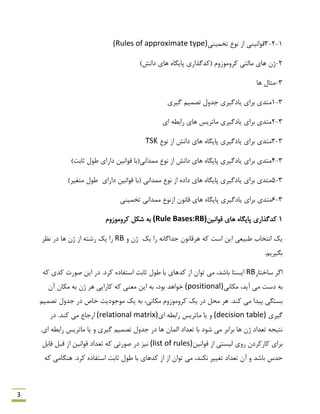 3
1-2-3‫تخویٌی‬ ‫ًَع‬ ‫اص‬ ‫لَاًیٌی‬(Rules of approximate type)
2-)‫داًؾ‬ ‫ّبی‬ ُ‫پبیگب‬ ‫(وذگزاسی‬ ‫وشٍهَصٍم‬ ‫هبلتی‬ ‫ّبی‬ ‫طى‬
3-‫ّب‬ ‫هخبل‬
3-1‫گیشی‬ ‫تلوین‬ ‫رذٍل‬ ‫یبدگیشی‬ ‫ثشای‬ ‫هتذی‬
3-2‫ای‬ ٌِ‫ساث‬ ‫ّبی‬ ‫هبتشیغ‬ ‫یبدگیشی‬ ‫ثشای‬ ‫هتذی‬
3-3‫ًَع‬ ‫اص‬ ‫داًؾ‬ ‫ّبی‬ ُ‫پبیگب‬ ‫یبدگیشی‬ ‫ثشای‬ ‫هتذی‬TSK
3-4)‫حبثت‬ ‫ًَل‬ ‫داسای‬ ‫لَاًیي‬ ‫هوذاًی(ثب‬ ‫ًَع‬ ‫اص‬ ‫داًؾ‬ ‫ّبی‬ ُ‫پبیگب‬ ‫یبدگیشی‬ ‫ثشای‬ ‫هتذی‬
3-5‫ًَع‬ ‫اص‬ ُ‫داد‬ ‫ّبی‬ ُ‫پبیگب‬ ‫یبدگیشی‬ ‫ثشای‬ ‫هتذی‬( ‫هوذاًی‬‫داسای‬ ‫لَاًیي‬ ‫ثب‬)‫هتغیش‬ ‫ًَل‬
3-6‫تخویٌی‬ ‫هوذاًی‬ ‫اصًَع‬ ‫لبًَى‬ ‫ّبی‬ ُ‫پبیگب‬ ‫یبدگیشی‬ ‫ثشای‬ ‫هتذی‬
1‫لَاًیي‬ ‫ّبی‬ ُ‫پبیگب‬ ‫وذگزاسی‬(Rule Bases:RB)‫وشٍهَصٍم‬ ‫ؿىل‬ ِ‫ث‬
ٍ ‫طى‬ ‫یه‬ ‫سا‬ ًِ‫رذاگب‬ ‫ّشلبًَى‬ ِ‫و‬ ‫اػت‬ ‫ایي‬ ‫ًجیؼی‬ ‫اًتخبة‬ ‫یه‬RB‫ًظش‬ ‫دس‬ ‫ّب‬ ‫طى‬ ‫اص‬ ِ‫سؿت‬ ‫یه‬ ‫سا‬
.‫ثگیشین‬
‫اگش‬‫ػبختبس‬RBِ‫و‬ ‫وذی‬ ‫كَست‬ ‫ایي‬ ‫دس‬ .‫وشد‬ ُ‫اػتفبد‬ ‫حبثت‬ ‫ًَل‬ ‫ثب‬ ‫وذّبی‬ ‫اص‬ ‫تَاى‬ ‫هی‬ ،‫ثبؿذ‬ ‫ایؼتب‬
‫هىبًی‬ ،‫آیذ‬ ‫هی‬ ‫دػت‬ ِ‫ث‬(positional)‫آى‬ ‫هىبى‬ ِ‫ث‬ ‫طى‬ ‫ّش‬ ‫وبسایی‬ ِ‫و‬ ‫هؼٌی‬ ‫ایي‬ ِ‫ث‬ ،‫ثَد‬ ‫خَاّذ‬
.‫وٌذ‬ ‫هی‬ ‫پیذا‬ ‫ثؼتگی‬‫تلوین‬ ‫رذٍل‬ ‫دس‬ ‫خبف‬ ‫هَرَدیت‬ ‫یه‬ ِ‫ث‬ ،‫هىبًی‬ ‫وشٍهَصٍم‬ ‫یه‬ ‫دس‬ ‫هحل‬ ‫ّش‬
‫گیشی‬(decision table)‫ای‬ ٌِ‫ساث‬ ‫هبتشیغ‬ ‫یب‬ ٍ(relational matrix)‫دس‬ .‫وٌذ‬ ‫هی‬ ‫اسربع‬
.‫ای‬ ٌِ‫ساث‬ ‫هبتشیغ‬ ‫یب‬ ٍ ‫گیشی‬ ‫تلوین‬ ‫رذٍل‬ ‫دس‬ ‫ّب‬ ‫الوبى‬ ‫تؼذاد‬ ‫ثب‬ ‫ؿَد‬ ‫هی‬ ‫ثشاثش‬ ‫ّب‬ ‫طى‬ ‫تؼذاد‬ ِ‫ًتیز‬
‫لَاًیي‬ ‫اص‬ ‫لیؼتی‬ ‫سٍی‬ ‫وبسوشدى‬ ‫ثشای‬(list of rules)‫لبثل‬ ‫لجل‬ ‫اص‬ ‫لَاًیي‬ ‫تؼذاد‬ ِ‫و‬ ‫كَستی‬ ‫دس‬ ‫ًیض‬
‫حذع‬.‫وشد‬ ُ‫اػتفبد‬ ‫حبثت‬ ‫ًَل‬ ‫ثب‬ ‫وذّبی‬ ‫اص‬ ‫اص‬ ‫تَاى‬ ‫هی‬ ،‫ًىٌذ‬ ‫تغییش‬ ‫تؼذاد‬ ‫آى‬ ٍ ‫ثبؿذ‬ِ‫و‬ ‫ٌّگبهی‬
 