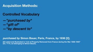 Acquisition Methods:
Controlled Vocabulary
—"purchased by"
—"gift of"
—"by descent to"
purchased by Simon Bauer, Paris, Fr...