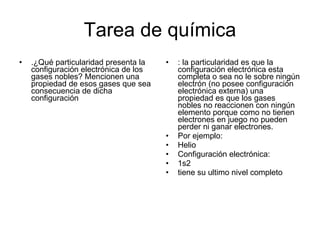 Tarea de química .¿Qué particularidad presenta la configuración electrónica de los gases nobles? Mencionen una propiedad de esos gases que sea consecuencia de dicha configuración : la particularidad es que la configuración electrónica esta completa o sea no le sobre ningún electrón (no posee configuración electrónica externa) una propiedad es que los gases nobles no reaccionen con ningún elemento porque como no tienen electrones en juego no pueden perder ni ganar electrones. Por ejemplo:  Helio Configuración electrónica: 1s2 tiene su ultimo nivel completo 