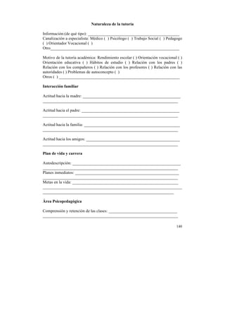 Naturaleza de la tutoría
Información:(de qué tipo): ____________________________________________
Canalización a especialista: Médico ( ) Psicólogo ( ) Trabajo Social ( ) Pedagogo
( ) Orientador Vocacional ( )
Otro______________________________________________________________
Motivo de la tutoría académica: Rendimiento escolar ( ) Orientación vocacional ( )
Orientación educativa ( ) Hábitos de estudio ( ) Relación con los padres ( )
Relación con los compañeros ( ) Relación con los profesores ( ) Relación con las
autoridades ( ) Problemas de autoconcepto ( )
Otros ( ) __________________________________________________________
Interacción familiar
Actitud hacia la madre: _______________________________________________
_________________________________________________________________
Actitud hacia el padre: _______________________________________________
_________________________________________________________________
Actitud hacia la familia: ______________________________________________
_________________________________________________________________
Actitud hacia los amigos: _____________________________________________
_________________________________________________________________
Plan de vida y carrera
Autodescripción: ____________________________________________________
_________________________________________________________________
Planes inmediatos: __________________________________________________
_________________________________________________________________
Metas en la vida: ___________________________________________________
___________________________________________________________________
_______________________________________________________________
Área Psicopedagógica
Comprensión y retención de las clases: _________________________________
_________________________________________________________________
140

	
  

 