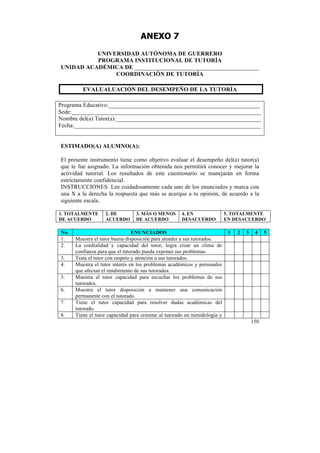 ANEXO 7
UNIVERSIDAD AUTÓNOMA DE GUERRERO
PROGRAMA INSTITUCIONAL DE TUTORÍA
UNIDAD ACADÉMICA DE __________________________________________
COORDINACIÓN DE TUTORÍA
EVALUALUACIÓN DEL DESEMPEÑO DE LA TUTORÍA
Programa Educativo:___________________________________________________
Sede:________________________________________________________________
Nombre del(a) Tutor(a):_________________________________________________
Fecha:_______________________________________________________________
ESTIMADO(A) ALUMNO(A):
El presente instrumento tiene como objetivo evaluar el desempeño del(a) tutor(a)
que te fue asignado. La información obtenida nos permitirá conocer y mejorar la
actividad tutorial. Los resultados de este cuestionario se manejarán en forma
estrictamente confidencial.
INSTRUCCIONES: Lee cuidadosamente cada uno de los enunciados y marca con
una X a la derecha la respuesta que más se acerque a tu opinión, de acuerdo a la
siguiente escala.
1. TOTALMENTE
DE ACUERDO

No.
1.
2.
3.
4.
5.
6.
7.
8.

2. DE
ACUERDO

3. MÁS O MENOS
DE ACUERDO

4. EN
DESACUERDO

ENUNCIADOS
Muestra el tutor buena disposición para atender a sus tutorados.
La cordialidad y capacidad del tutor, logra crear un clima de
confianza para que el tutorado pueda exponer sus problemas.
Trata el tutor con respeto y atención a sus tutorados.
Muestra el tutor interés en los problemas académicos y personales
que afectan el rendimiento de sus tutorados.
Muestra el tutor capacidad para escuchar los problemas de sus
tutorados.
Muestra el tutor disposición a mantener una comunicación
permanente con el tutorado.
Tiene el tutor capacidad para resolver dudas académicas del
tutorado.
Tiene el tutor capacidad para orientar al tutorado en metodología y

5. TOTALMENTE
EN DESACUERDO

1

2

3

4

150

	
  

5

 