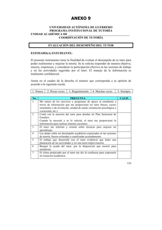 ANEXO 9
UNIVERSIDAD AUTÓNOMA DE GUERRERO
PROGRAMA INSTITUCIONAL DE TUTORÍA
UNIDAD ACADÉMICA DE _________________________________________
COORDINACIÓN DE TUTORÍA
EVALUACIÓN DEL DESEMPEÑO DEL TUTOR
ESTIMADO(A) ESTUDIANTE:
El presente instrumento tiene la finalidad de evaluar el desempeño de tu tutor para
poder realimentar y mejorar la tutoría. Se te solicita responder de manera objetiva,
sincera, respetuosa, y considerar tu participación efectiva en las sesiones de trabajo
y en las actividades sugeridas por el tutor. El manejo de la información es
totalmente confidencial.
Anota en el cuadro de la derecha el número que corresponda a tu opinión de
acuerdo a la siguiente escala:
1. Nunca
No.
1

2

3
4
5
6
7

2. Pocas veces

3. Regularmente

4. Muchas veces

PREGUNTA
Me entere de los servicios y programas de apoyo al estudiante a
través de información que me proporcionó mi tutor (becas, cursos
remediales o de nivelación, unidad de salud, orientación psicológica o
vocacional, etc.).
Conté con la asesoría del tutor para diseñar mi Plan Semestral de
Estudios.
Cuando lo necesité y se lo solicité, el tutor me proporcionó la
información para realizar trámites escolares.
El tutor me informó y orientó sobre técnicas para mejorar mi
aprendizaje.
Las dudas sobre mi desempeño académico expresadas en las sesiones
de tutoría, fueron aclaradas o canalizadas acertadamente.
El trabajo que desarrollé con el tutor evidenció que hubo una
planeación de las actividades y no una mera improvisación.
Busqué la ayuda del tutor, por la disposición que mostró para
atenderme
El clima propiciado por el tutor me dio la confianza para expresarle
mi situación académica.

5. Siempre
CALIF.

154

	
  

 