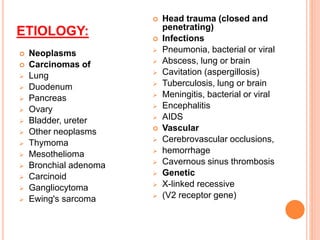 ETIOLOGY:
 Neoplasms
 Carcinomas of
 Lung
 Duodenum
 Pancreas
 Ovary
 Bladder, ureter
 Other neoplasms
 Thymoma
 Mesothelioma
 Bronchial adenoma
 Carcinoid
 Gangliocytoma
 Ewing's sarcoma
 Head trauma (closed and
penetrating)
 Infections
 Pneumonia, bacterial or viral
 Abscess, lung or brain
 Cavitation (aspergillosis)
 Tuberculosis, lung or brain
 Meningitis, bacterial or viral
 Encephalitis
 AIDS
 Vascular
 Cerebrovascular occlusions,
 hemorrhage
 Cavernous sinus thrombosis
 Genetic
 X-linked recessive
 (V2 receptor gene)
 