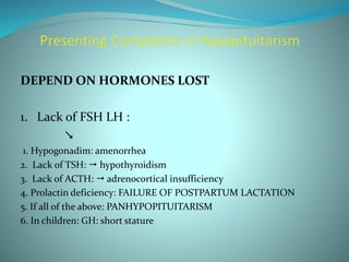 DEPEND ON HORMONES LOST
1. Lack of FSH LH :

1. Hypogonadim: amenorrhea
2. Lack of TSH:  hypothyroidism
3. Lack of ACTH:  adrenocortical insufficiency
4. Prolactin deficiency: FAILURE OF POSTPARTUM LACTATION
5. If all of the above: PANHYPOPITUITARISM
6. In children: GH: short stature
 