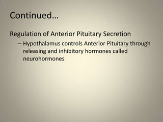 Continued…Regulation of Anterior Pituitary SecretionHypothalamus controls Anterior Pituitary through releasing and inhibitory hormones called neurohormones