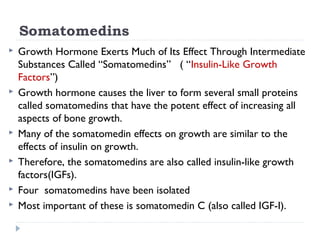 Somatomedins
 Growth Hormone Exerts Much of Its Effect Through Intermediate
Substances Called “Somatomedins” ( “Insulin-Like Growth
Factors”)
 Growth hormone causes the liver to form several small proteins
called somatomedins that have the potent effect of increasing all
aspects of bone growth.
 Many of the somatomedin effects on growth are similar to the
effects of insulin on growth.
 Therefore, the somatomedins are also called insulin-like growth
factors(IGFs).
 Four somatomedins have been isolated
 Most important of these is somatomedin C (also called IGF-I).
 