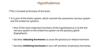Hypothalamus
This is located at the base of the brain.
 It is part of the limbic system, which controls the autonomic nervous system
and the endocrine systems.
• One of the most important functions of the hypothalamus is to link the
nervous system to the endocrine system via the pituitary gland
(hypophysis).
• Secretes releasing hormones to cause the pituitary to release hormone
• Secretes inhibiting hormones to turn off secretion of pituitary hormones
 