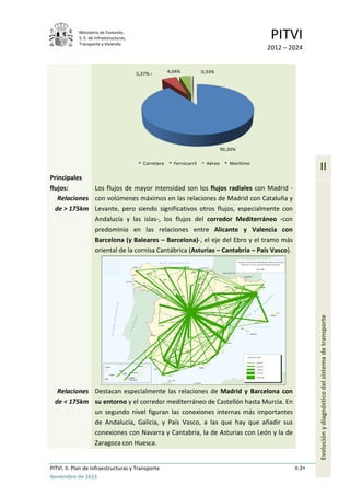 Ministerio de Fomento.
S. E. de Infraestructuras,
Transporte y Vivienda
PITVI
2012 – 2024
PITVI. II. Plan de Infraestructuras y Transporte II.3
Noviembre de 2013
II
Evoluciónydiagnósticodelsistemadetransporte
Principales
flujos:
Relaciones
de > 175km
Los flujos de mayor intensidad son los flujos radiales con Madrid -
con volúmenes máximos en las relaciones de Madrid con Cataluña y
Levante, pero siendo significativos otros flujos, especialmente con
Andalucía y las islas-, los flujos del corredor Mediterráneo -con
predominio en las relaciones entre Alicante y Valencia con
Barcelona (y Baleares – Barcelona)-, el eje del Ebro y el tramo más
oriental de la cornisa Cantábrica (Asturias – Cantabria – País Vasco).
Relaciones
de < 175km
Destacan especialmente las relaciones de Madrid y Barcelona con
su entorno y el corredor mediterráneo de Castellón hasta Murcia. En
un segundo nivel figuran las conexiones internas más importantes
de Andalucía, Galicia, y País Vasco, a las que hay que añadir sus
conexiones con Navarra y Cantabria, la de Asturias con León y la de
Zaragoza con Huesca.
90,26%
5,37% 4,04% 0,33%
Carretera Ferrocarril Aéreo Marítimo
 