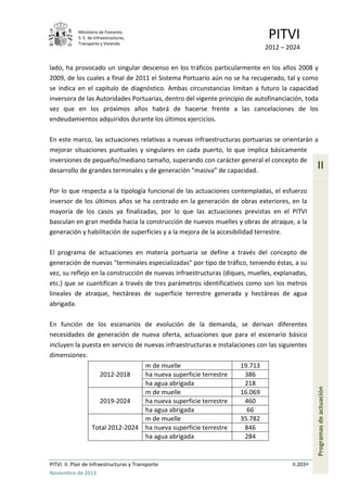 Ministerio de Fomento.
S. E. de Infraestructuras,
Transporte y Vivienda
PITVI
2012 – 2024
PITVI. II. Plan de Infraestructuras y Transporte II.203
Noviembre de 2013
II
Programasdeactuación
lado, ha provocado un singular descenso en los tráficos particularmente en los años 2008 y
2009, de los cuales a final de 2011 el Sistema Portuario aún no se ha recuperado, tal y como
se indica en el capítulo de diagnóstico. Ambas circunstancias limitan a futuro la capacidad
inversora de las Autoridades Portuarias, dentro del vigente principio de autofinanciación, toda
vez que en los próximos años habrá de hacerse frente a las cancelaciones de los
endeudamientos adquiridos durante los últimos ejercicios.
En este marco, las actuaciones relativas a nuevas infraestructuras portuarias se orientarán a
mejorar situaciones puntuales y singulares en cada puerto, lo que implica básicamente
inversiones de pequeño/mediano tamaño, superando con carácter general el concepto de
desarrollo de grandes terminales y de generación “masiva” de capacidad.
Por lo que respecta a la tipología funcional de las actuaciones contempladas, el esfuerzo
inversor de los últimos años se ha centrado en la generación de obras exteriores, en la
mayoría de los casos ya finalizadas, por lo que las actuaciones previstas en el PITVI
basculan en gran medida hacia la construcción de nuevos muelles y obras de atraque, a la
generación y habilitación de superficies y a la mejora de la accesibilidad terrestre.
El programa de actuaciones en materia portuaria se define a través del concepto de
generación de nuevas "terminales especializadas" por tipo de tráfico, teniendo éstas, a su
vez, su reflejo en la construcción de nuevas infraestructuras (diques, muelles, explanadas,
etc.) que se cuantifican a través de tres parámetros identificativos como son los metros
lineales de atraque, hectáreas de superficie terrestre generada y hectáreas de agua
abrigada.
En función de los escenarios de evolución de la demanda, se derivan diferentes
necesidades de generación de nueva oferta, actuaciones que para el escenario básico
incluyen la puesta en servicio de nuevas infraestructuras e instalaciones con las siguientes
dimensiones:
2012-2018
m de muelle 19.713
ha nueva superficie terrestre 386
ha agua abrigada 218
2019-2024
m de muelle 16.069
ha nueva superficie terrestre 460
ha agua abrigada 66
Total 2012-2024
m de muelle 35.782
ha nueva superficie terrestre 846
ha agua abrigada 284
 