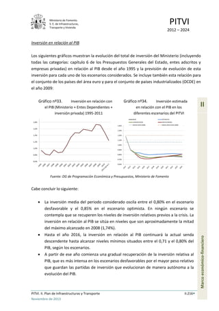 Ministerio de Fomento.
S. E. de Infraestructuras,
Transporte y Vivienda
PITVI
2012 – 2024
PITVI. II. Plan de Infraestructuras y Transporte II.216
Noviembre de 2013
II
Marcoeconómico-financiero
Inversión en relación al PIB
Los siguientes gráficos muestran la evolución del total de inversión del Ministerio (incluyendo
todas las categorías: capítulo 6 de los Presupuestos Generales del Estado, entes adscritos y
empresas privadas) en relación al PIB desde el año 1995 y la previsión de evolución de esta
inversión para cada uno de los escenarios considerados. Se incluye también esta relación para
el conjunto de los países del área euro y para el conjunto de países industrializados (OCDE) en
el año 2009:
Gráfico nº33. Inversión en relación con
el PIB (Ministerio + Entes Dependientes +
inversión privada) 1995-2011
Gráfico nº34. Inversión estimada
en relación con el PIB en los
diferentes escenarios del PITVI
Fuente: DG de Programación Económica y Presupuestos, Ministerio de Fomento
Cabe concluir lo siguiente:
• La inversión media del periodo considerado oscila entre el 0,80% en el escenario
desfavorable y el 0,85% en el escenario optimista. En ningún escenario se
contempla que se recuperen los niveles de inversión relativos previos a la crisis. La
inversión en relación al PIB se sitúa en niveles que son aproximadamente la mitad
del máximo alcanzado en 2008 (1,74%).
• Hasta el año 2016, la inversión en relación al PIB continuará la actual senda
descendente hasta alcanzar niveles mínimos situados entre el 0,71 y el 0,80% del
PIB, según los escenarios.
• A partir de ese año comienza una gradual recuperación de la inversión relativa al
PIB, que es más intensa en los escenarios desfavorables por el mayor peso relativo
que guardan las partidas de inversión que evolucionan de manera autónoma a la
evolución del PIB.
0,6%
0,8%
1,0%
1,2%
1,4%
1,6%
1,8%
0,60%
0,70%
0,80%
0,90%
1,00%
1,10%
1,20%
1,30%
1,40%
BASE OPTIMISTA
CONSERVADOR DESFAVORABLE
MEDIA OCDE(2009) MEDIA ÁREA EURO(2009)
 