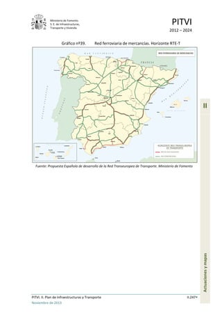 Ministerio de Fomento.
S. E. de Infraestructuras,
Transporte y Vivienda
PITVI
2012 – 2024
PITVI. II. Plan de Infraestructuras y Transporte II.247
Noviembre de 2013
II
Actuacionesymapas
Gráfico nº39. Red ferroviaria de mercancías. Horizonte RTE-T
Fuente: Propuesta Española de desarrollo de la Red Transeuropea de Transporte. Ministerio de Fomento
 
