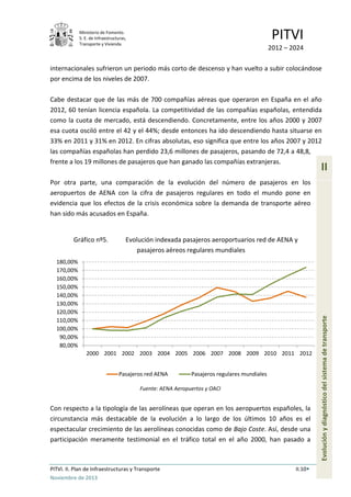 Ministerio de Fomento.
S. E. de Infraestructuras,
Transporte y Vivienda
PITVI
2012 – 2024
PITVI. II. Plan de Infraestructuras y Transporte II.10
Noviembre de 2013
II
Evoluciónydiagnósticodelsistemadetransporte
internacionales sufrieron un periodo más corto de descenso y han vuelto a subir colocándose
por encima de los niveles de 2007.
Cabe destacar que de las más de 700 compañías aéreas que operaron en España en el año
2012, 60 tenían licencia española. La competitividad de las compañías españolas, entendida
como la cuota de mercado, está descendiendo. Concretamente, entre los años 2000 y 2007
esa cuota osciló entre el 42 y el 44%; desde entonces ha ido descendiendo hasta situarse en
33% en 2011 y 31% en 2012. En cifras absolutas, eso significa que entre los años 2007 y 2012
las compañías españolas han perdido 23,6 millones de pasajeros, pasando de 72,4 a 48,8,
frente a los 19 millones de pasajeros que han ganado las compañías extranjeras.
Por otra parte, una comparación de la evolución del número de pasajeros en los
aeropuertos de AENA con la cifra de pasajeros regulares en todo el mundo pone en
evidencia que los efectos de la crisis económica sobre la demanda de transporte aéreo
han sido más acusados en España.
Gráfico nº5. Evolución indexada pasajeros aeroportuarios red de AENA y
pasajeros aéreos regulares mundiales
Fuente: AENA Aeropuertos y OACI
Con respecto a la tipología de las aerolíneas que operan en los aeropuertos españoles, la
circunstancia más destacable de la evolución a lo largo de los últimos 10 años es el
espectacular crecimiento de las aerolíneas conocidas como de Bajo Coste. Así, desde una
participación meramente testimonial en el tráfico total en el año 2000, han pasado a
80,00%
90,00%
100,00%
110,00%
120,00%
130,00%
140,00%
150,00%
160,00%
170,00%
180,00%
2000 2001 2002 2003 2004 2005 2006 2007 2008 2009 2010 2011 2012
Pasajeros red AENA Pasajeros regulares mundiales
 