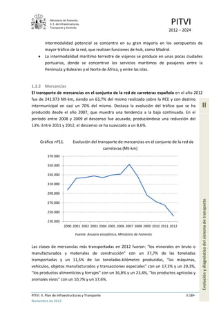 Ministerio de Fomento.
S. E. de Infraestructuras,
Transporte y Vivienda
PITVI
2012 – 2024
PITVI. II. Plan de Infraestructuras y Transporte II.18
Noviembre de 2013
II
Evoluciónydiagnósticodelsistemadetransporte
intermodalidad potencial se concentra en su gran mayoría en los aeropuertos de
mayor tráfico de la red, que realizan funciones de hub, como Madrid.
• La intermodalidad marítimo terrestre de viajeros se produce en unas pocas ciudades
portuarias, donde se concentran los servicios marítimos de pasajeros entre la
Península y Baleares y el Norte de África, y entre las islas.
1.2.2 Mercancías
El transporte de mercancías en el conjunto de la red de carreteras española en el año 2012
fue de 241.973 Mt-km, siendo un 63,7% del mismo realizado sobre la RCE y con destino
intermunicipal en casi un 70% del mismo. Destaca la evolución del tráfico que se ha
producido desde el año 2007, que muestra una tendencia a la baja continuada. En el
periodo entre 2008 y 2009 el descenso fue acusado, produciéndose una reducción del
13%. Entre 2011 y 2012, el descenso se ha suavizado a un 8,6%.
Gráfico nº11. Evolución del transporte de mercancías en el conjunto de la red de
carreteras (Mt-km)
Fuente: Anuario estadístico, Ministerio de Fomento
Las clases de mercancías más transportadas en 2012 fueron: “los minerales en bruto o
manufacturados y materiales de construcción” con un 37,7% de las toneladas
transportadas y un 11,5% de las toneladas-kilómetro producidas, “las máquinas,
vehículos, objetos manufacturados y transacciones especiales” con un 17,3% y un 29,3%,
“los productos alimenticios y forrajes” con un 16,8% y un 23,4%, “los productos agrícolas y
animales vivos” con un 10,7% y un 17,6%.
230.000
250.000
270.000
290.000
310.000
330.000
350.000
370.000
2000 2001 2002 2003 2004 2005 2006 2007 2008 2009 2010 2011 2012
 
