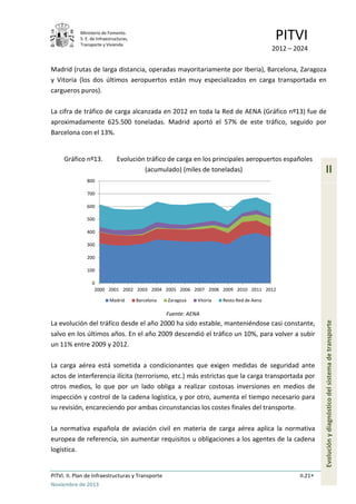 Ministerio de Fomento.
S. E. de Infraestructuras,
Transporte y Vivienda
PITVI
2012 – 2024
PITVI. II. Plan de Infraestructuras y Transporte II.21
Noviembre de 2013
II
Evoluciónydiagnósticodelsistemadetransporte
Madrid (rutas de larga distancia, operadas mayoritariamente por Iberia), Barcelona, Zaragoza
y Vitoria (los dos últimos aeropuertos están muy especializados en carga transportada en
cargueros puros).
La cifra de tráfico de carga alcanzada en 2012 en toda la Red de AENA (Gráfico nº13) fue de
aproximadamente 625.500 toneladas. Madrid aportó el 57% de este tráfico, seguido por
Barcelona con el 13%.
Gráfico nº13. Evolución tráfico de carga en los principales aeropuertos españoles
(acumulado) (miles de toneladas)
Fuente: AENA
La evolución del tráfico desde el año 2000 ha sido estable, manteniéndose casi constante,
salvo en los últimos años. En el año 2009 descendió el tráfico un 10%, para volver a subir
un 11% entre 2009 y 2012.
La carga aérea está sometida a condicionantes que exigen medidas de seguridad ante
actos de interferencia ilícita (terrorismo, etc.) más estrictas que la carga transportada por
otros medios, lo que por un lado obliga a realizar costosas inversiones en medios de
inspección y control de la cadena logística, y por otro, aumenta el tiempo necesario para
su revisión, encareciendo por ambas circunstancias los costes finales del transporte.
La normativa española de aviación civil en materia de carga aérea aplica la normativa
europea de referencia, sin aumentar requisitos u obligaciones a los agentes de la cadena
logística.
0
100
200
300
400
500
600
700
800
2000 2001 2002 2003 2004 2005 2006 2007 2008 2009 2010 2011 2012
Madrid Barcelona Zaragoza Vitoria Resto Red de Aena
 