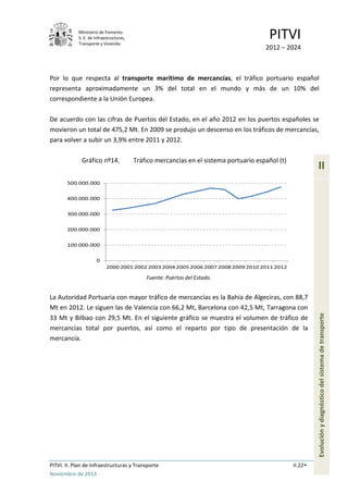 Ministerio de Fomento.
S. E. de Infraestructuras,
Transporte y Vivienda
PITVI
2012 – 2024
PITVI. II. Plan de Infraestructuras y Transporte II.22
Noviembre de 2013
II
Evoluciónydiagnósticodelsistemadetransporte
Por lo que respecta al transporte marítimo de mercancías, el tráfico portuario español
representa aproximadamente un 3% del total en el mundo y más de un 10% del
correspondiente a la Unión Europea.
De acuerdo con las cifras de Puertos del Estado, en el año 2012 en los puertos españoles se
movieron un total de 475,2 Mt. En 2009 se produjo un descenso en los tráficos de mercancías,
para volver a subir un 3,9% entre 2011 y 2012.
Gráfico nº14. Tráfico mercancías en el sistema portuario español (t)
Fuente: Puertos del Estado.
La Autoridad Portuaria con mayor tráfico de mercancías es la Bahía de Algeciras, con 88,7
Mt en 2012. Le siguen las de Valencia con 66,2 Mt, Barcelona con 42,5 Mt, Tarragona con
33 Mt y Bilbao con 29,5 Mt. En el siguiente gráfico se muestra el volumen de tráfico de
mercancías total por puertos, así como el reparto por tipo de presentación de la
mercancía.
0
100.000.000
200.000.000
300.000.000
400.000.000
500.000.000
2000 2001 2002 2003 2004 2005 2006 2007 2008 2009 2010 2011 2012
 