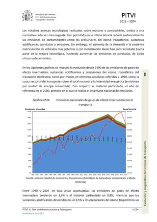 Ministerio de Fomento.
S. E. de Infraestructuras,
Transporte y Vivienda
PITVI
2012 – 2024
PITVI. II. Plan de Infraestructuras y Transporte II.52
Noviembre de 2013
II
Evoluciónydiagnósticodelsistemadetransporte
Los notables avances tecnológicos realizados sobre motores y combustibles, unidos a una
normativa cada vez más exigente, han permitido en la última década reducir sustancialmente
las emisiones de contaminantes como los precursores del ozono troposférico, sustancias
acidificantes, partículas o aerosoles. Sin embargo, el aumento de la demanda y la creciente
matriculación de vehículos más potentes o con motorización diesel han contrarrestado buena
parte de la mejora tecnológica, haciendo aumentar las emisiones de partículas, de óxido
nitroso y de amoniaco.
En los siguientes gráficos se muestra la evolución desde 1990 de las emisiones de gases de
efecto invernadero, sustancias acidificantes y precursores del ozono troposférico del
transporte doméstico, tanto por modos en términos absolutos referidos a 1990, como la
cuota sectorial del transporte sobre el total nacional y la intensidad energética (emisiones
por unidad de energía consumida). Con respecto al material particulado, el año de
referencia es el 2000, primero en el que se realiza el inventario nacional de emisiones.
Gráfico nº24. Emisiones nacionales de gases de efecto invernadero por el
transporte
Fuente: Sistema Español de Inventario y Proyecciones (Ministerio de Agricultura, Alimentación y Medio
Ambiente)
Entre 1990 y 2007 -en tasa anual acumulativa- las emisiones de gases de efecto
invernadero crecieron un 3,9% y el material particulado un 0,8%, mientras que las
sustancias acidificantes descendieron un 0,5% y los precursores del ozono troposférico un
100,00%
100,07%
100,10%
100,16%
100,26%
100,29%
100,41%
100,42%
100,54%
100,63%
100,39%
99,77%
99,50%
99,36%
99,37%
99,14%
99,45%
98,86%
97,99%
96,37%
95,10%
93,76%
18,75%
19,50%
20,25%
21,00%
21,75%
22,50%
23,25%
24,00%
24,75%
25,50%
26,25%
0%
20%
40%
60%
80%
100%
120%
140%
160%
180%
200%
1990 1991 1992 1993 1994 1995 1996 1997 1998 1999 2000 2001 2002 2003 2004 2005 2006 2007 2008 2009 2010 2011
Cuota SectorialEmisiones e intensidad
 