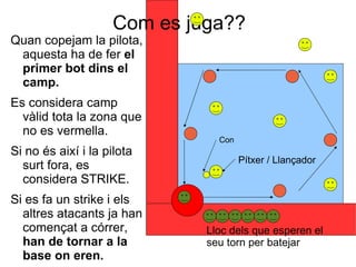 Com es juga??
Quan copejam la pilota,
 aquesta ha de fer el
 primer bot dins el
 camp.
Es considera camp
  vàlid tota la zona que
  no es vermella.
                               Con
Si no és així i la pilota
                                     Pítxer / Llançador
  surt fora, es
  considera STRIKE.
Si es fa un strike i els
  altres atacants ja han
  començat a córrer,         Lloc dels que esperen el
  han de tornar a la         seu torn per batejar
  base on eren.
 