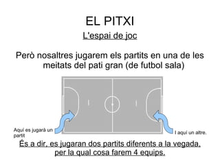 EL PITXI
                     L'espai de joc

Però nosaltres jugarem els partits en una de les
      meitats del pati gran (de futbol sala)




Aquí es jugarà un
                                                 I aquí un altre.
partit
  És a dir, es jugaran dos partits diferents a la vegada,
             per la qual cosa farem 4 equips.
 