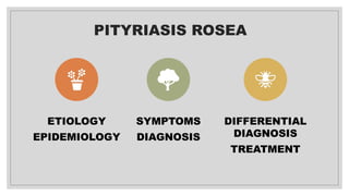 PITYRIASIS ROSEA
ETIOLOGY
EPIDEMIOLOGY
SYMPTOMS
DIAGNOSIS
DIFFERENTIAL
DIAGNOSIS
TREATMENT
 