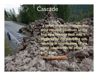 Cascade	


 “a series of steps or stages that,
 once initiated, continues to the
 ﬁnal step because each step is
 triggered by the preceding one,
 resulting in ampliﬁcation of the
 signal, information, or effect at
 each stage.”	

 