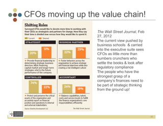 CFOs moving up the value chain!
                  The Wall Street Journal, Feb
                  27, 2012
                  The current view pushed by
                  business schools & carried
                  into the executive suite sees
                  CFOs as little more than
                  numbers crunchers who
                  settle the books & look after
                  regulatory compliance
                  The people who have the
                  strongest grasp of a
                  company’s finances need to
                  be part of strategic thinking
                  from the ground up!




                                                  46
 
