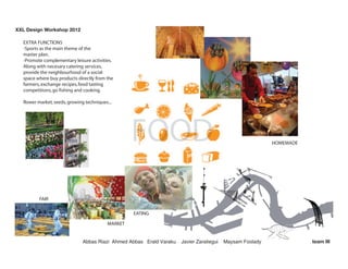 99- %FTJHO 8PSLTIPQ 

  EXTRA FUNCTIONS
  -Sports as the main theme of the
  master plan.
  -Promote complementary leisure activities.
  Along with necesary catering services,
  provide the neighbourhood of a social
  space where buy products directly from the
  farmers, exchange recipes, food tasting
  competitions, go fishing and cooking.

  flower market, seeds, growing techniques...




                                                                                                          HOMEMADE




         FAIR

                                                   EATING

                                          MARKET


                              #DDCU 4KCK #JOGF #DDCU 'TCNF 8CTCMW   ,CXKGT CTCVKGIWK   /C[UCO (QQNCF[              UFBN ***
 