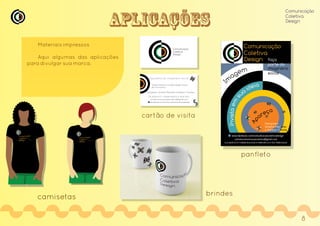 aplicações
Materiais impressos
Aqui algumas das aplicações
para divulgar sua marca.
Comunicação
Coletiva
Design
faça parte do imaginário social
Desenvolvemos a Identidade Visual
de sua marca
Designers: Giliane Meireles e Edilson Timóteo
(11) 4038-6777 / 9 8648-8104 8/ 9 7608-9762
cartão de visita
panfleto
Comunicação
Coletiva
Design
Comunicação
Coletiva
Design
uniformes brindes
8
 