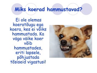 Miks koerad hammustavad?

   Ei ole olemas
 koeratõugu ega
koera, kes ei võiks
 hammustada. Ka
 väga väike koer
        võib
  hammustades,
   eriti lapsele,
    põhjustada
tõsiseid vigastusi!
 