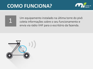 COMO FUNCIONA? 
Um equipamento instalado na última torre do pivô coleta informações sobre o seu funcionamento e envia via rádio VHF para o escritório da fazenda. 
1  