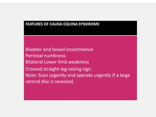 FEATURES OF CAUDA EQUINA SYNDROME
Bladder and bowel incontinence
Perineal numbness
Bilateral Lower limb weakness
Crossed straight-leg raising sign
Note: Scan urgently and operate urgently if a large
central disc is revealed.
 