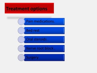 Treatment options
Pain medications.
Bed rest
Oral steroids .
Nerve root block .
Surgery
 
