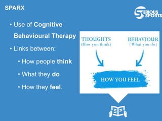 SPARX
• Use of Cognitive
Behavioural Therapy
• Links between:
• How people think
• What they do
• How they feel.
 