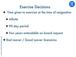 piVentures2019AllRightsReserved
Exercise Decisions
Time given to exercise at the time of resignation
Inﬁnite
90 day period
Few years extendable on board request
Bad Leaver / Good Leaver Scenarios
 