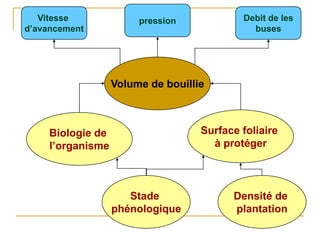 Vitesse              pression            Debit de les
d’avancement                                  buses




                   Volume de bouillie



     Biologie de                    Surface foliaire
     l’organisme                      à protéger



                      Stade               Densité de
                   phénologique           plantation
 