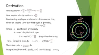 Derivation
Velocity gradient =
ⅆ𝑢
ⅆ𝑥
=
ⅆ(𝑤𝑥)
ⅆ𝑥
= w + x
ⅆ𝑤
ⅆ𝑥
Here angular velocity gradient = x
ⅆ𝑤
ⅆ𝑥
Considering any layer at distance x from centre line,
Force on second layer due first layer is given by,
𝐹 = −𝜂𝐴ⅆ𝑥
ⅆ𝑢
Where , 𝜂 – coefficient of viscosity
A – area of cylindrical layer
F = −𝜂(2𝛱𝑙)𝑥2 ⅆ𝑤
ⅆ𝑥
(negative due to sig
Now , torque is given by 𝜏 = 𝐹𝑥 = −𝜂(2𝛱𝑙)𝑥3 ⅆ𝑤
ⅆ𝑥
Therefore , ⅆ𝜔 =
𝜏
𝜂(2𝛱𝑙)𝑥2 ⅆ𝑥
Integratinng from x=R2 (bob), 𝜔=0 to x=R1 (cup) , 𝜔= 𝜔O
 