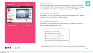 Mikä on ݺߣShare?
ݺߣShare on esitysten, dokumenttien ja videoiden jakopalvelu. Esityksiä
voi katsoa myös mobiilin kautta ja niitä on YouTube-videoiden lailla helppo
jakaa ja liittää muille alustoille. LinkedIn omistaa nykyisin ݺߣSharen.
Miksi ݺߣShare on merkittävä?
ݺߣSharella on noin 50 miljoonaa uniikkia kuukausikävijää.* Sinne ladatut
esitykset nousevat usein hyvin esille Googlessa.
Mitä ݺߣShareen voi ladata?
ݺߣShareen voi ladata esityksiä, dokumentteja, infograafeja tai videoita.
Tuetut formaatit ovat mm. pdf ja ppt.
40
ݺߣSharen käytön ABC
1) Viimeistele oma profiilisi
2) Seuraa kiinnostavia henkilöitä
3) Panosta esitysten otsikointiin
4) Hyödynnä Pro-tiliä, jos olet aktiivinen
Profiilikuva Esitys
Tilin taustatiedot Kuvaus
*blog.slideshare.net/2013/05/09/10-million-presentations-uploaded-to-slideshare/
 
