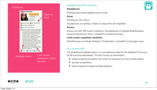 ݺߣShare-profiilin elementit
Käyttäjänimi
Profiilissa kannattaa käyttää omaa nimeä.
Kuvat
Profiilikuva: 96 x 96 px
Taustakuvan voi vaihtaa, mikäli on ottanut Pro-tilin käyttöön.
Kuvaus
Kuvaus voi olla 700 merkin mittainen. Suositeltavaa on käyttää ݺߣSharessa
samaa kuvausta kuin esim. LinkedInin tiivistelmä-osiossa.
Linkit muihin sosiaalisiin medioihin
ݺߣSharessa voi linkata Twitteriin, Facebookiin, LinkedIniin ja Google+:saan.
Pro- vai perustili?
Jos ݺߣSharea käyttää paljon, on suositeltavaa ottaa Pro-tili käyttöön (19 euroa
tai 49 euroa kuukaudessa) . Pro-tilin avulla voi esimerkiksi:
• ladata esityksiä privaatisti (vain linkin tai salasanan ja linkin kautta pääsy)
• seurata analytiikkaa
• ottaa esitysten kontakti-lomake käyttöön.
Profiilikuva
Sijainti ja
titteli
Käyttäjän tiedot
Linkit muihin
sosiaalisen median
kanaviin
41
 