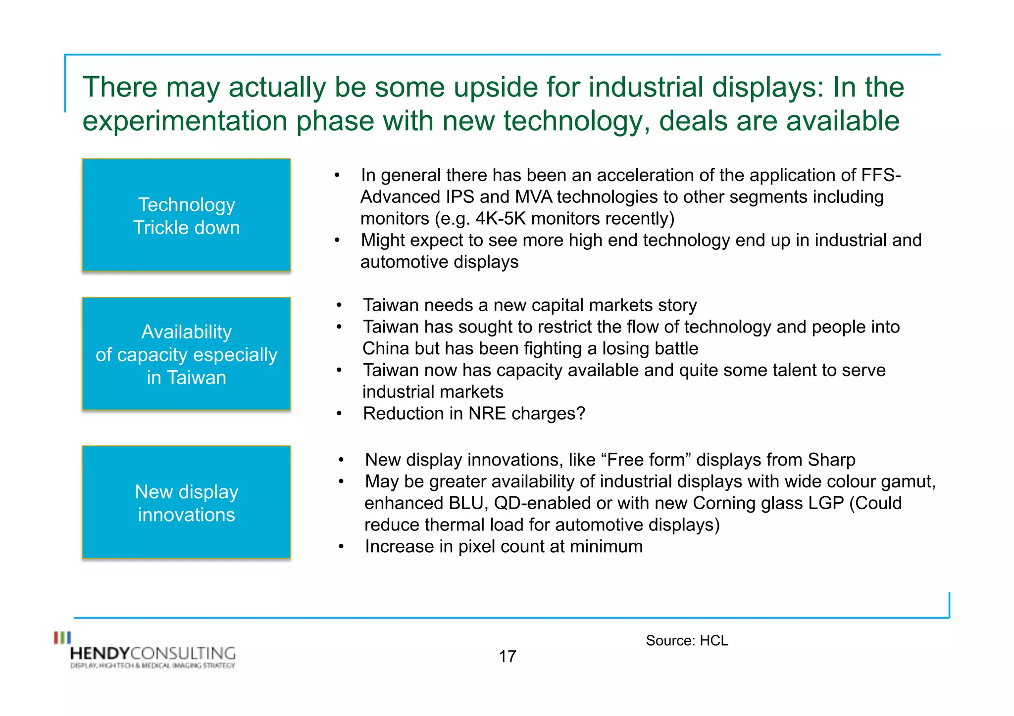 There may actually be some upside for industrial displays: In the
experimentation phase with new technology, deals are available
17
Technology
Trickle down
Availability
of capacity especially
in Taiwan
New display
innovations
•  In general there has been an acceleration of the application of FFS-
Advanced IPS and MVA technologies to other segments including
monitors (e.g. 4K-5K monitors recently)
•  Might expect to see more high end technology end up in industrial and
automotive displays
•  Taiwan needs a new capital markets story
•  Taiwan has sought to restrict the flow of technology and people into
China but has been fighting a losing battle
•  Taiwan now has capacity available and quite some talent to serve
industrial markets
•  Reduction in NRE charges?
•  New display innovations, like “Free form” displays from Sharp
•  May be greater availability of industrial displays with wide colour gamut,
enhanced BLU, QD-enabled or with new Corning glass LGP (Could
reduce thermal load for automotive displays)
•  Increase in pixel count at minimum
Source: HCL
 