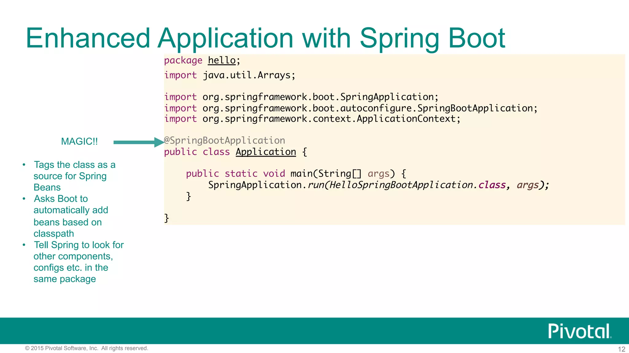 12© 2015 Pivotal Software, Inc. All rights reserved.
Enhanced Application with Spring Boot
package hello;
import java.util.Arrays;
import org.springframework.boot.SpringApplication;
import org.springframework.boot.autoconfigure.SpringBootApplication;
import org.springframework.context.ApplicationContext;
@SpringBootApplication
public class Application {
public static void main(String[] args) {
SpringApplication.run(HelloSpringBootApplication.class, args);
}
}
MAGIC!!
•  Tags the class as a
source for Spring
Beans
•  Asks Boot to
automatically add
beans based on
classpath
•  Tell Spring to look for
other components,
configs etc. in the
same package
 