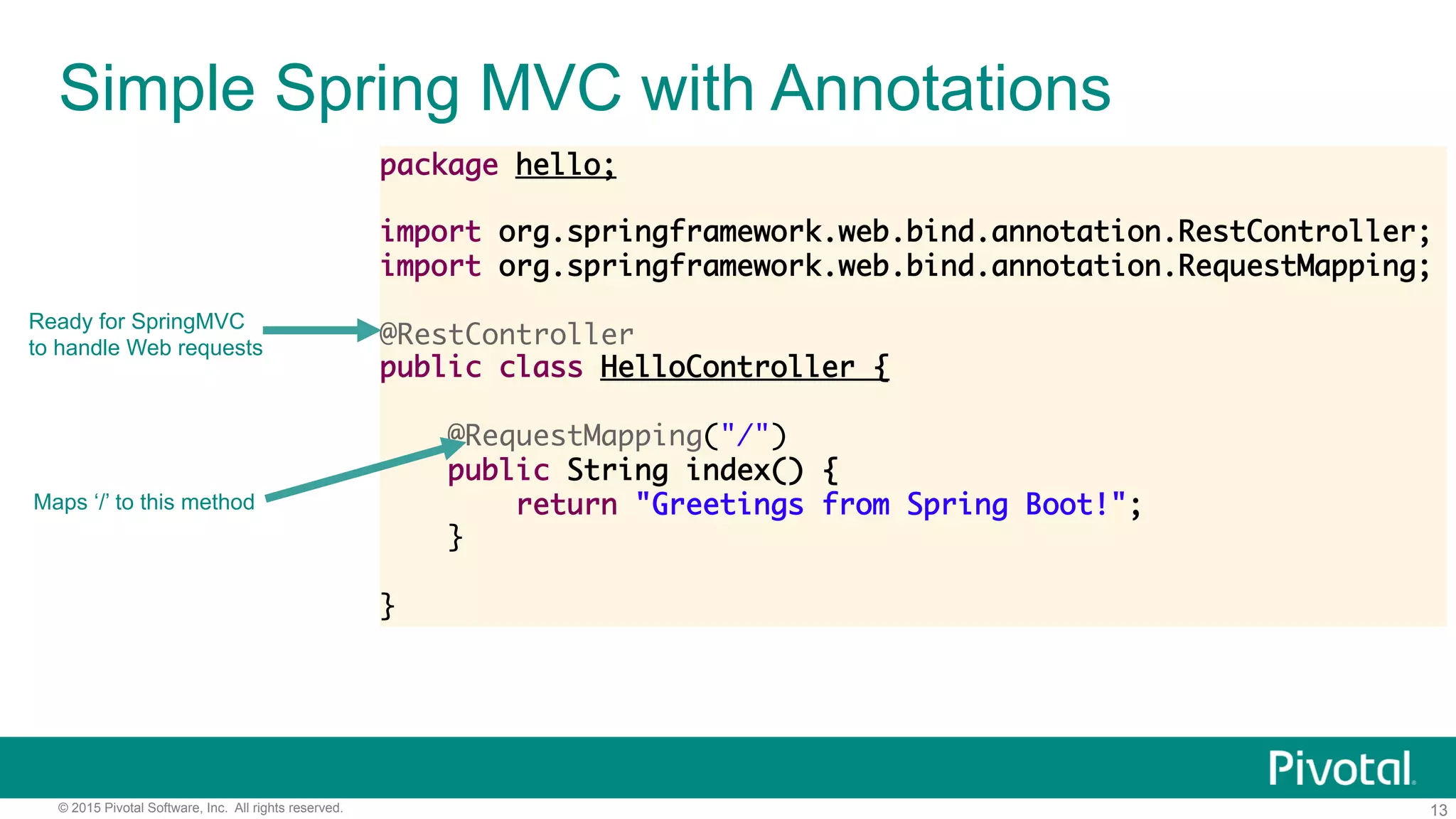 13© 2015 Pivotal Software, Inc. All rights reserved.
Simple Spring MVC with Annotations
package hello;
import org.springframework.web.bind.annotation.RestController;
import org.springframework.web.bind.annotation.RequestMapping;
@RestController
public class HelloController {
@RequestMapping("/")
public String index() {
return "Greetings from Spring Boot!";
}
}
Ready for SpringMVC
to handle Web requests
Maps ‘/’ to this method
 